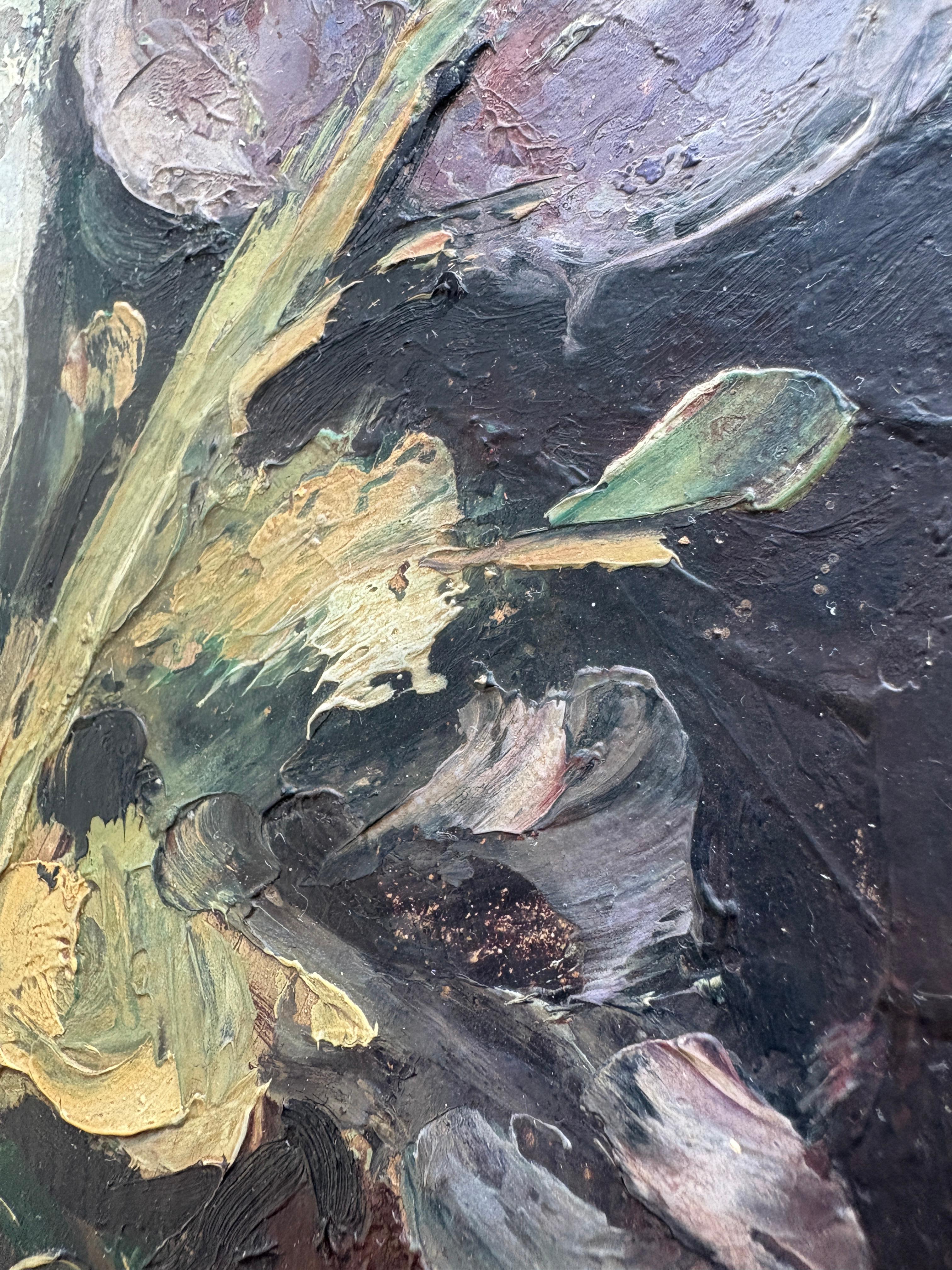 Bois Ancienne peinture à l'huile maltaise d'une nature morte florale datée de 1923 en vente