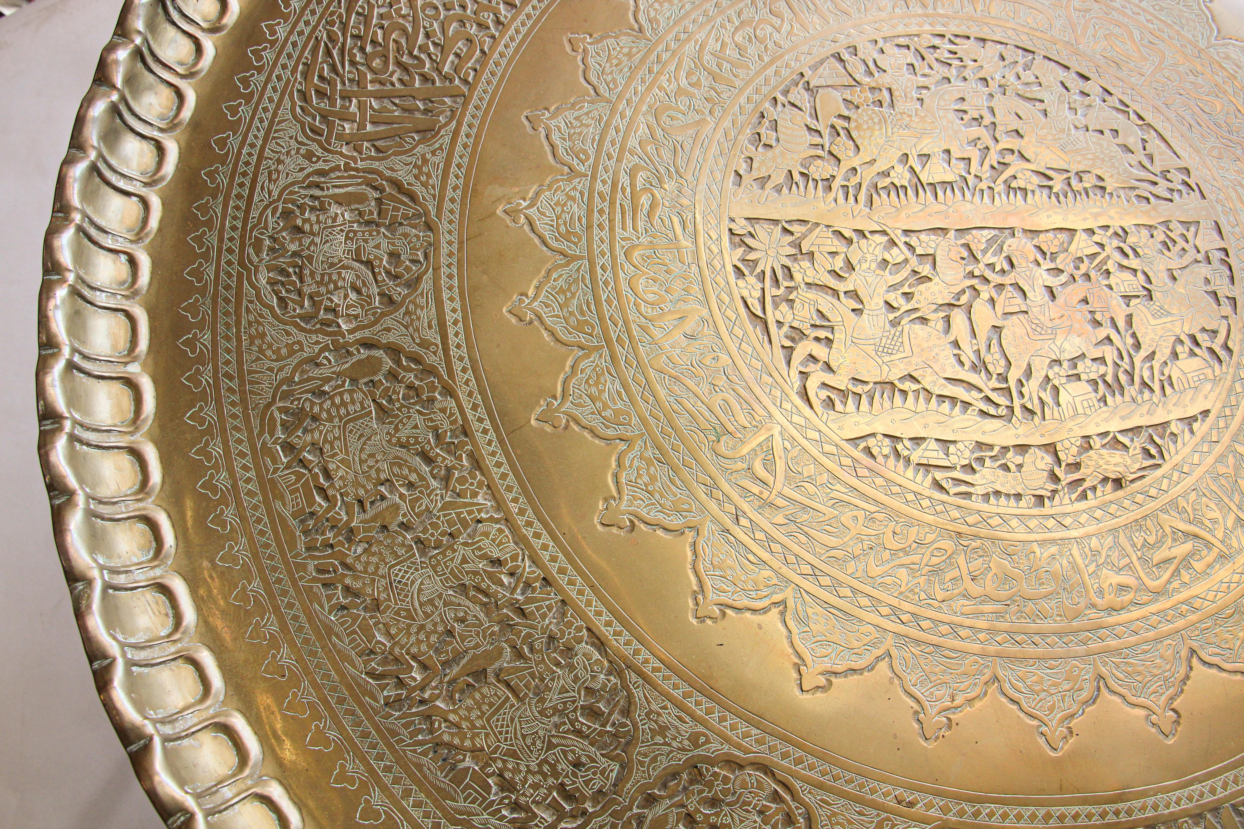 Islamic Antique Mamluk Moorish Brass Tray Table with Calligraphy