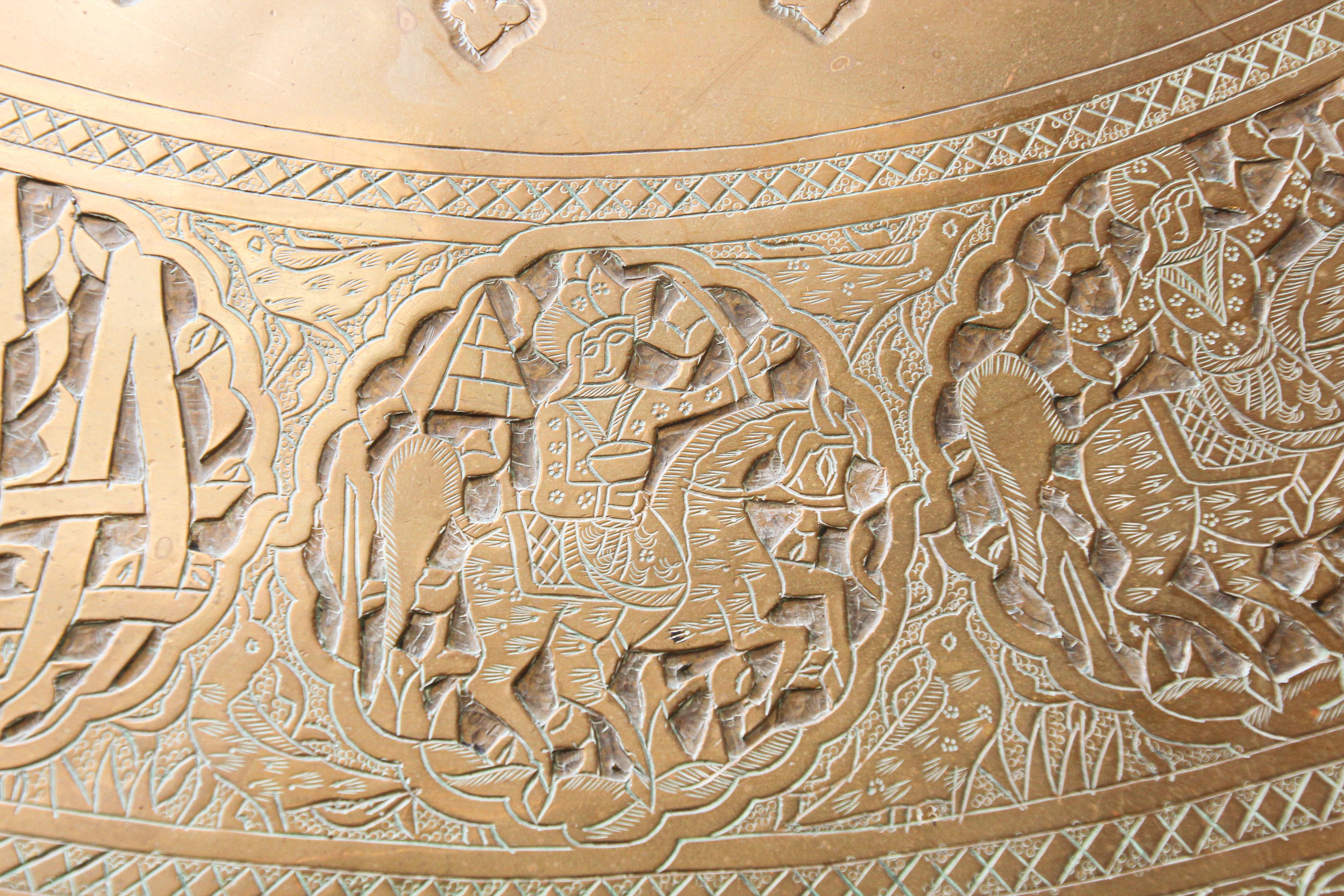 Turkish Antique Mamluk Moorish Brass Tray Table with Calligraphy