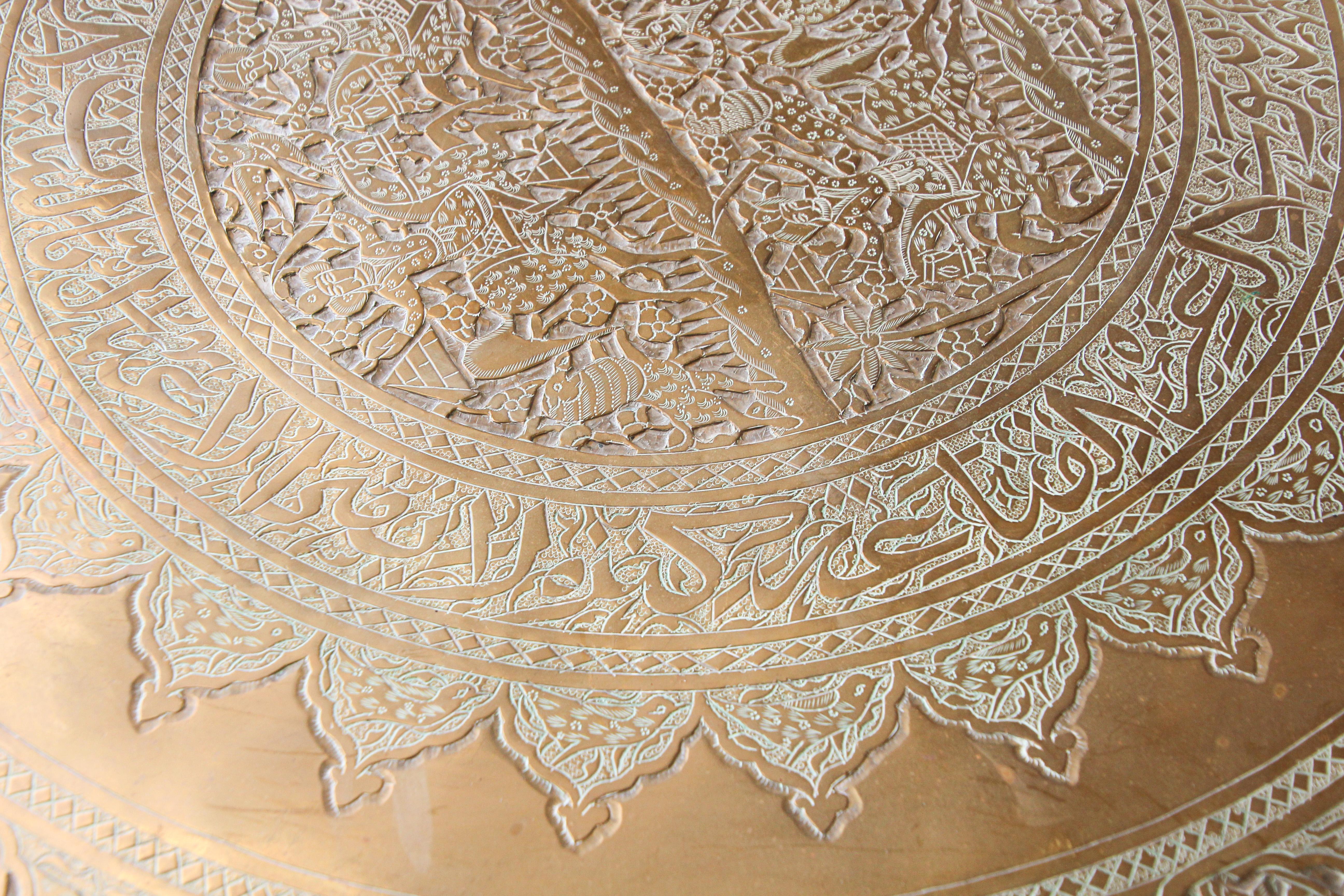 Antique Mamluk Moorish Brass Tray Table with Calligraphy In Good Condition In North Hollywood, CA