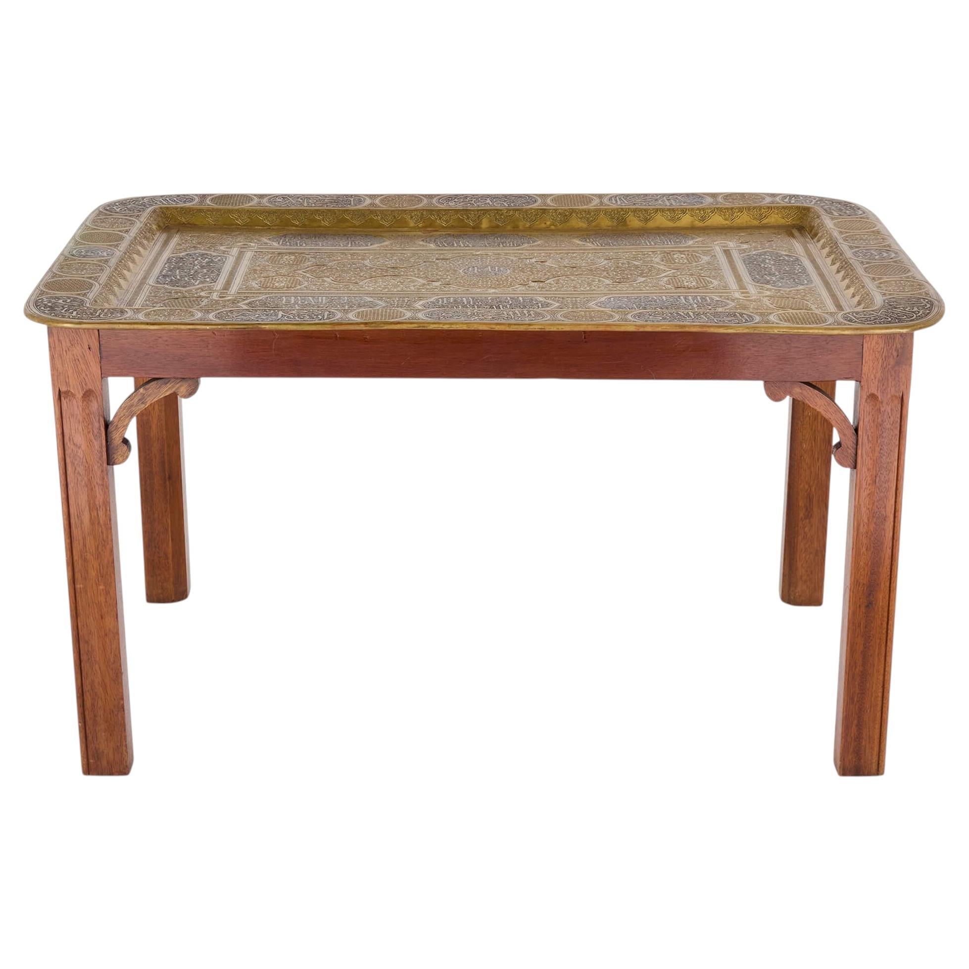 Antique Mamluk Revival Brass and Silver Inlaid Tray Table For Sale