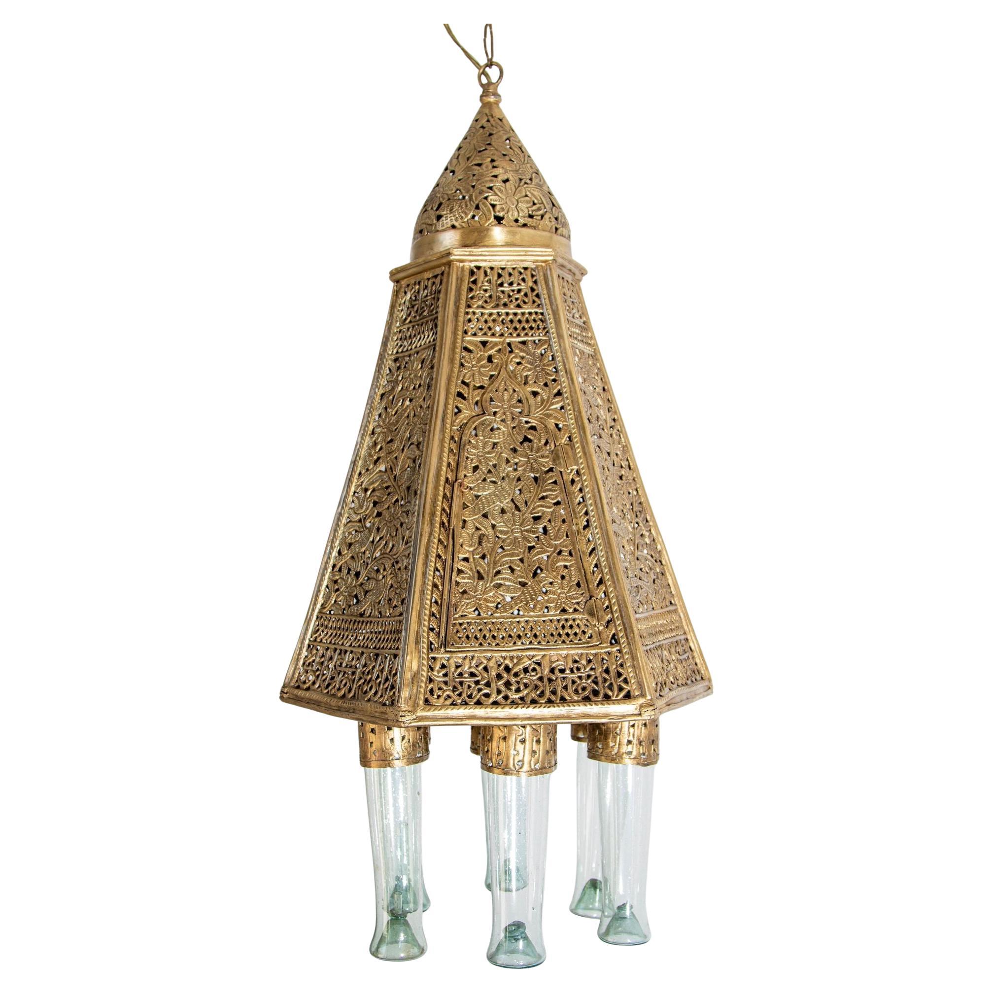 Antique Mamluk Turkish Pierced Brass Hanging Hexagonal Pendant Light Fixture