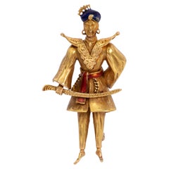 Antique Man With A Sword Enamel Brooch in Yellow Gold