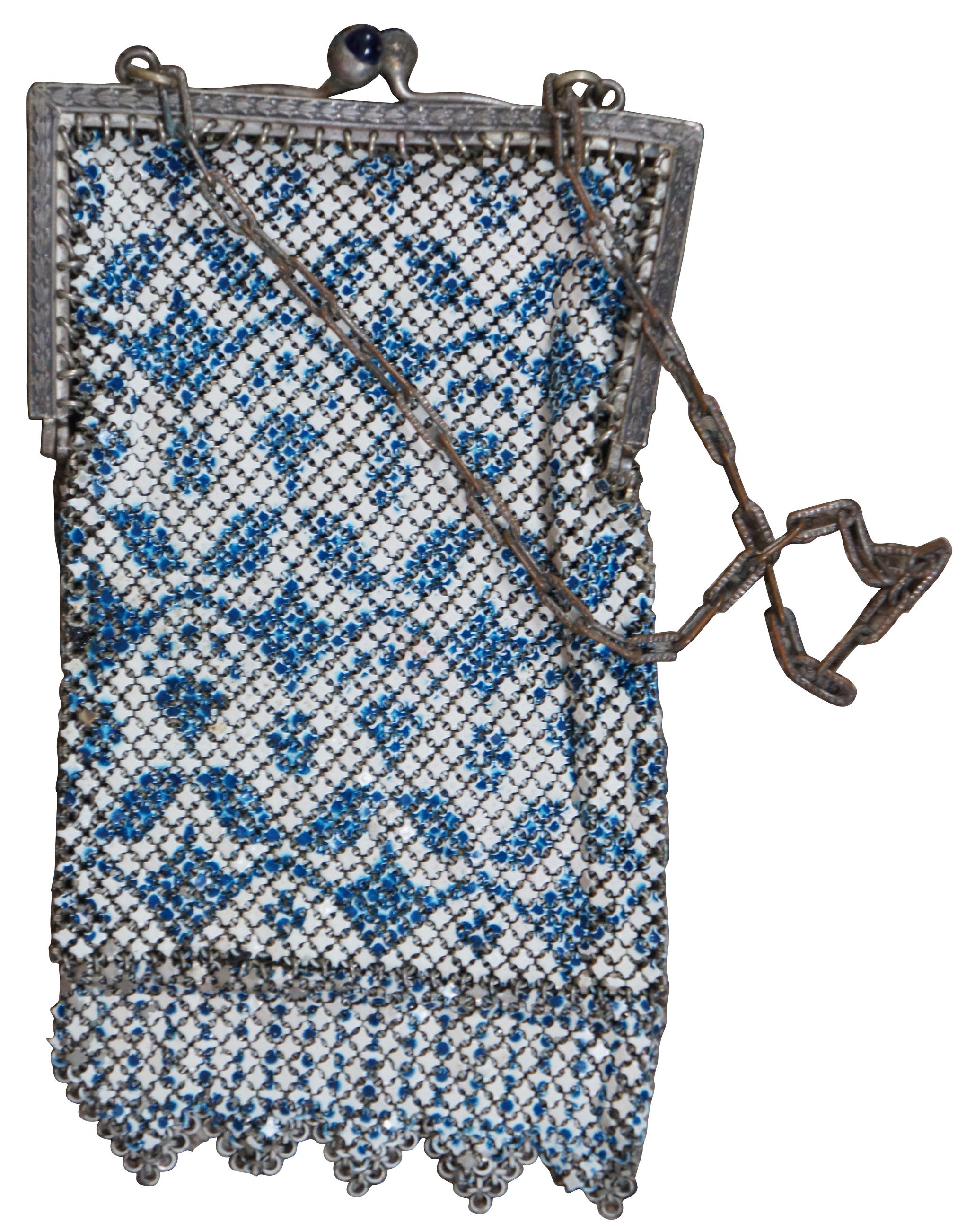 Antique Mandalian Art Deco Enamel Mesh Purse Handbag Blue White Flapper Boho In Good Condition In Dayton, OH