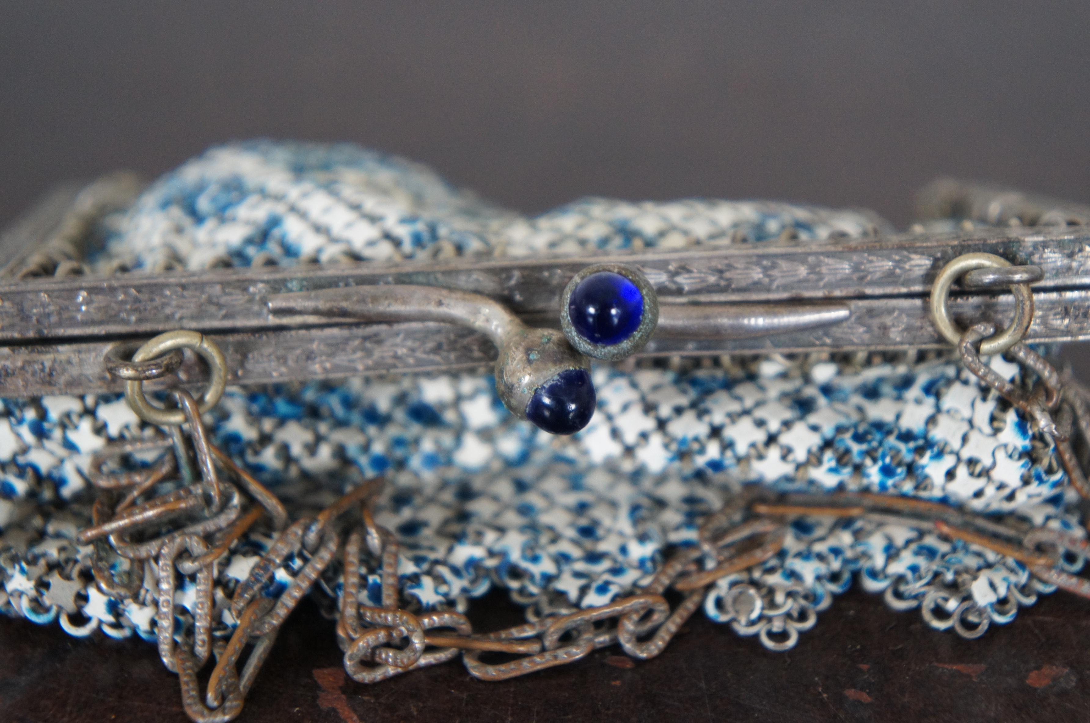 Metal Antique Mandalian Art Deco Enamel Mesh Purse Handbag Blue White Flapper Boho