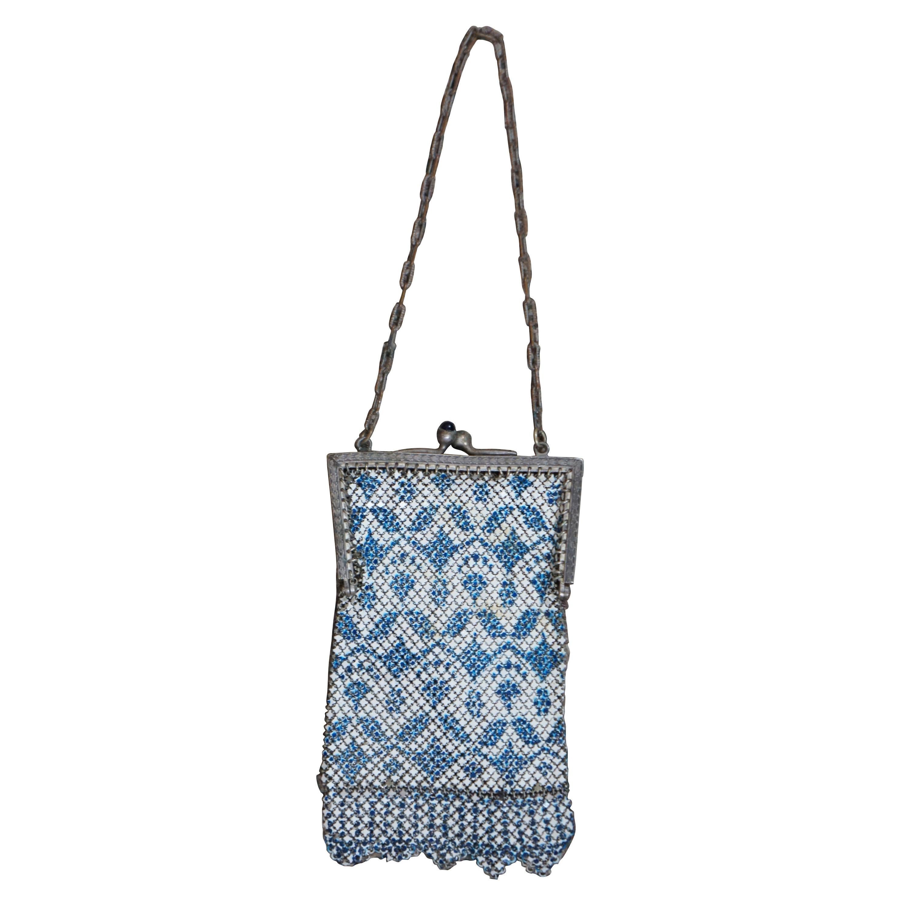Antique Mandalian Art Deco Enamel Mesh Purse Handbag Blue White Flapper Boho