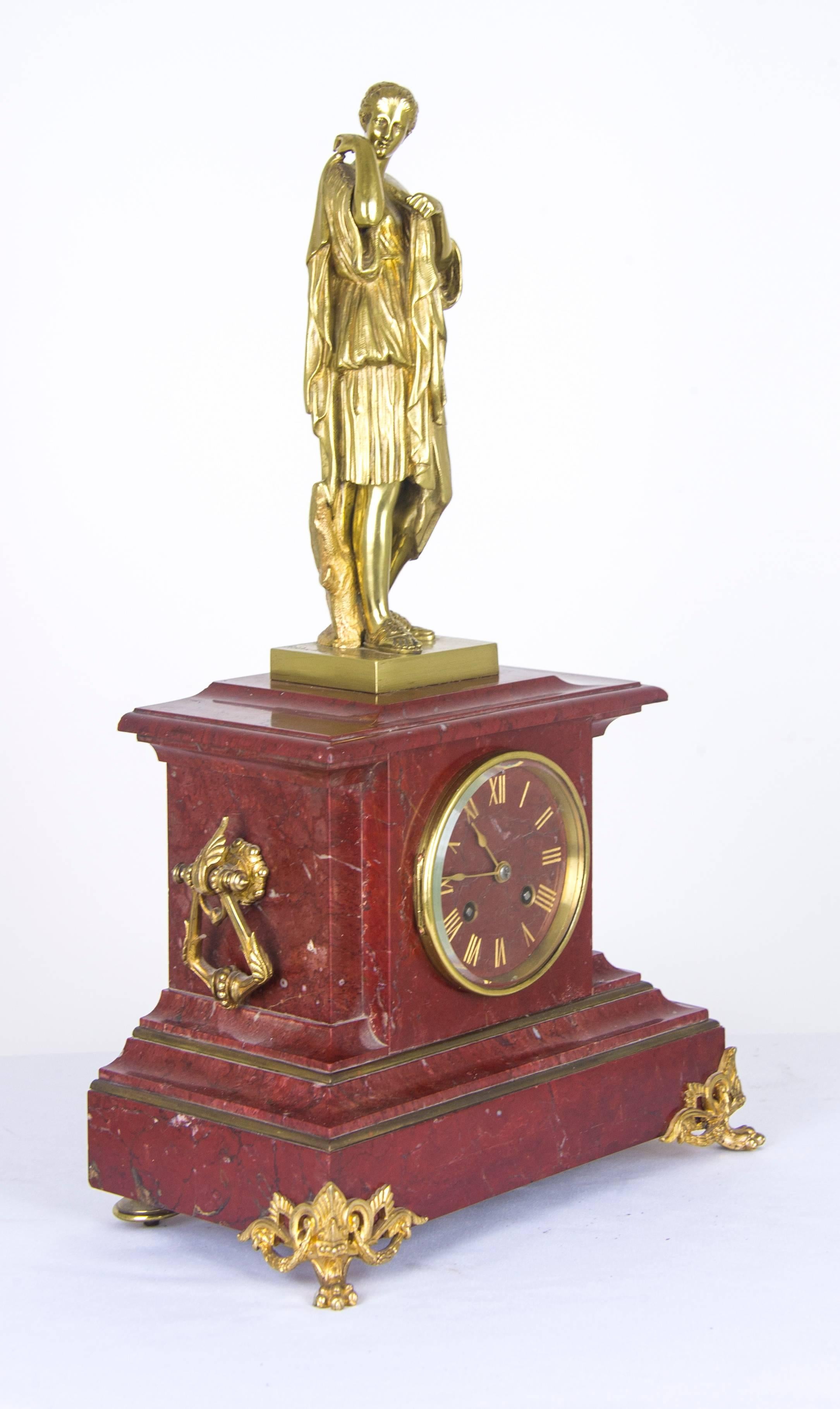 Hand-Crafted Antique Mantel Clock, French Rouge Marble Clock, Gilt Bronze Mantel Clock