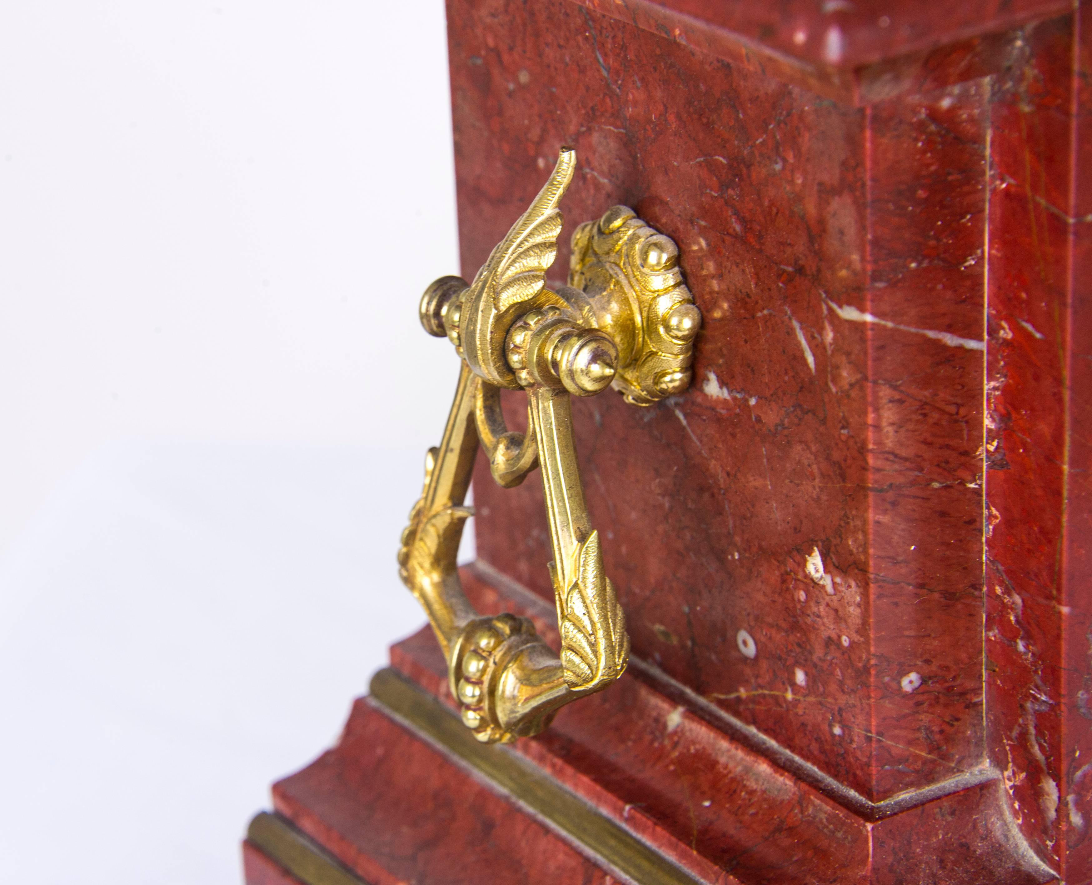 Antique Mantel Clock, French Rouge Marble Clock, Gilt Bronze Mantel Clock In Excellent Condition In Vancouver, BC