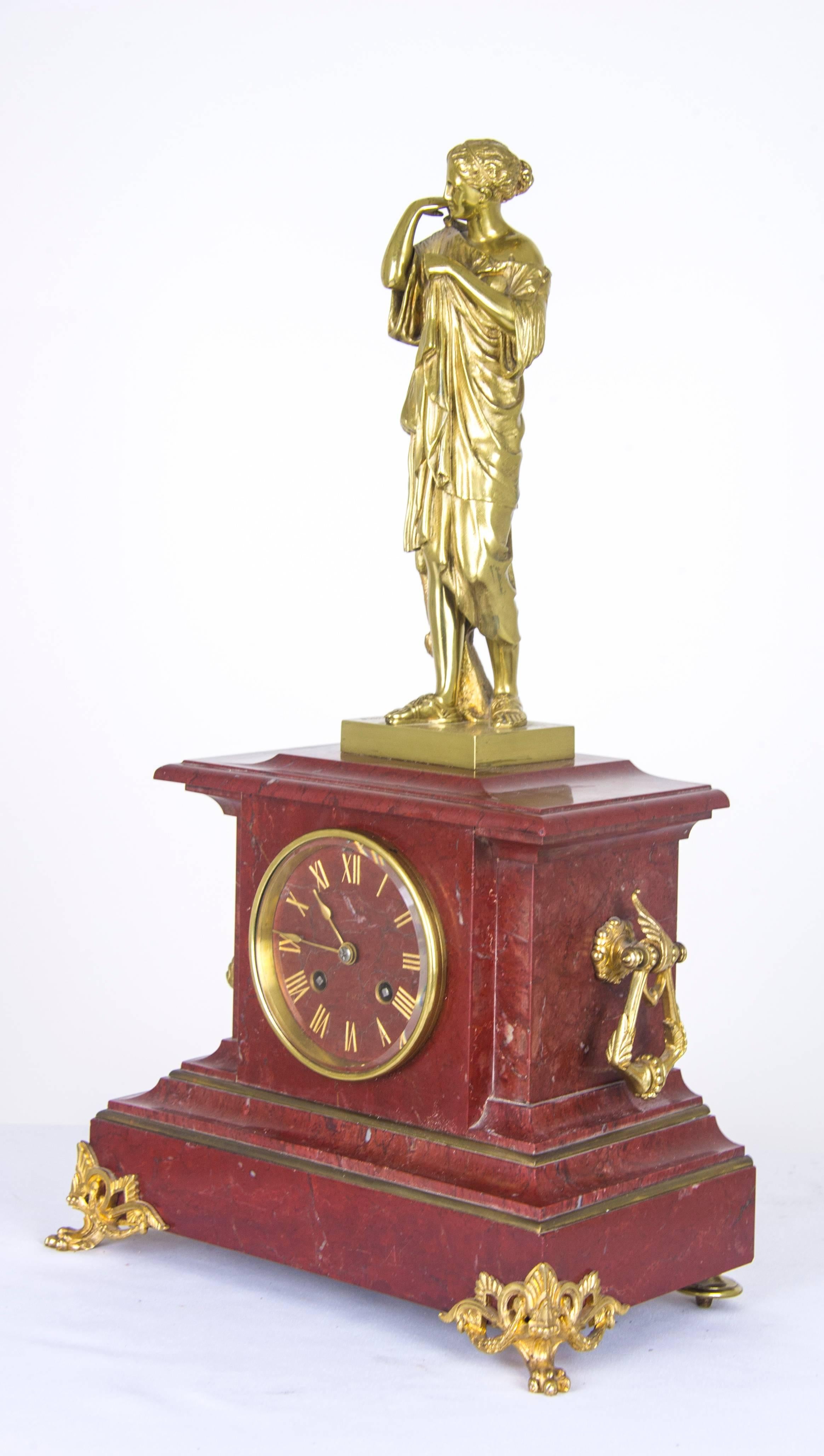 Antique Mantel Clock, French Rouge Marble Clock, Gilt Bronze Mantel Clock 1
