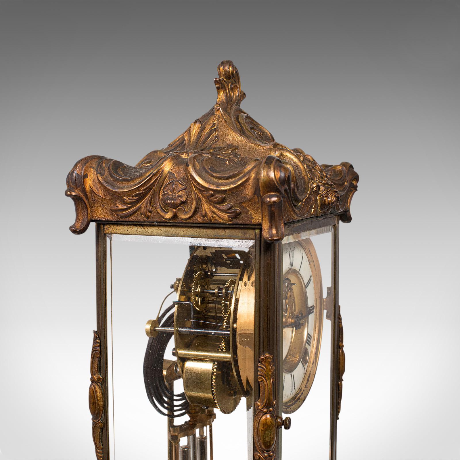 Glass Antique Mantel Clock, French, Gilt Bronze, Ormolu, Brocot Escapement, circa 1900