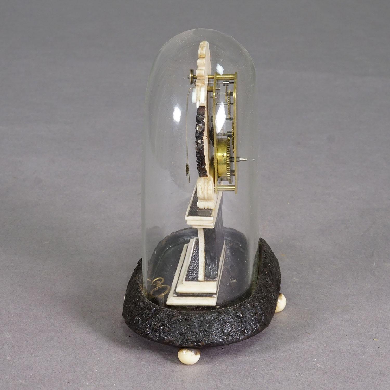 Metal Antique Mantel Clock under Glass Dome, ca. 1870 For Sale