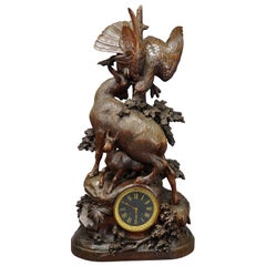 Antique Mantel Clock with Eagle and Chamois Family, ca. 1900