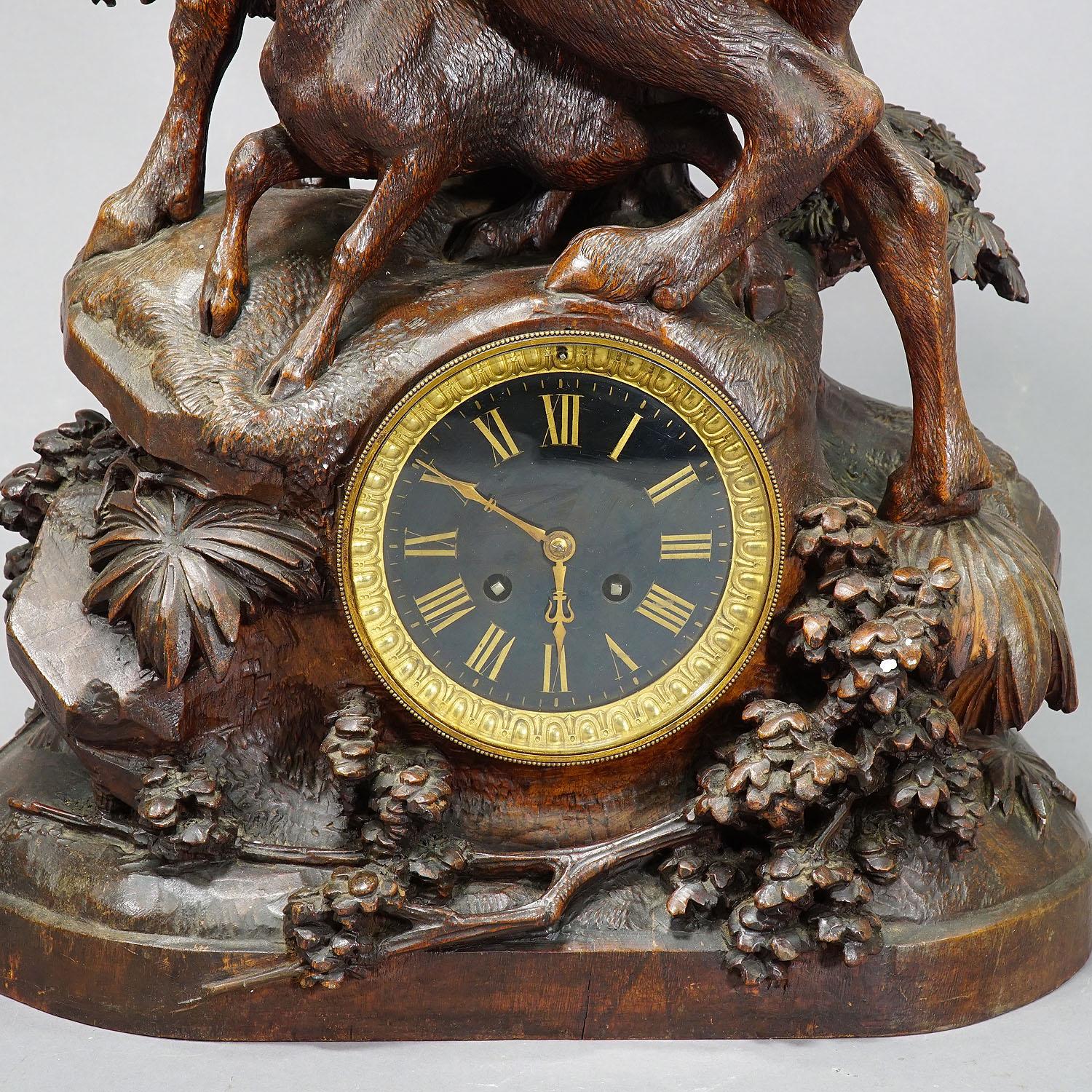 Black Forest Antique Mantel Clock with Eagle and Chamois Family, ca. 1900