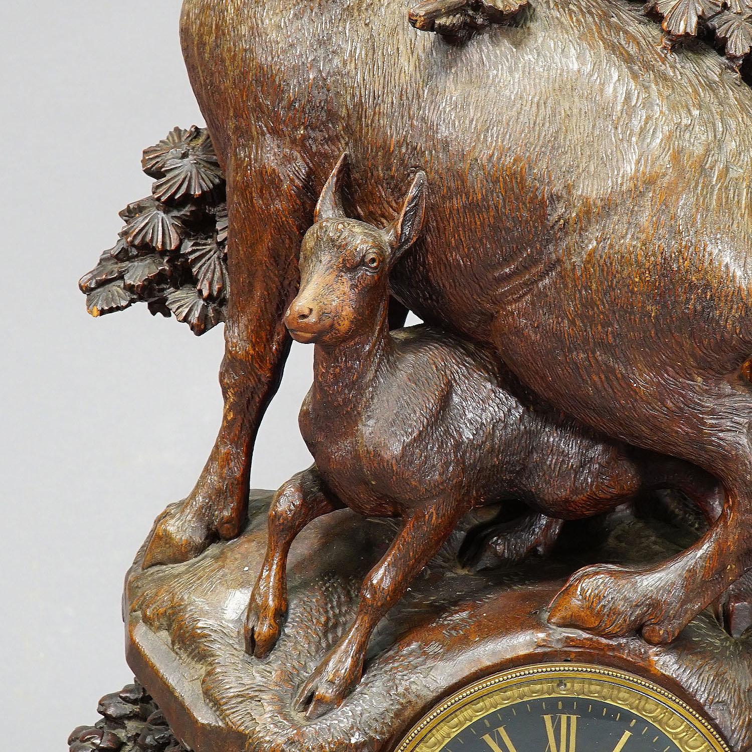 Swiss Antique Mantel Clock with Eagle and Chamois Family, ca. 1900