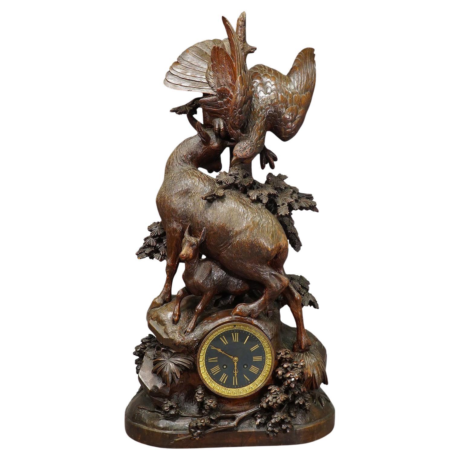 Antique Mantel Clock with Eagle and Chamois Family, ca. 1900 For Sale