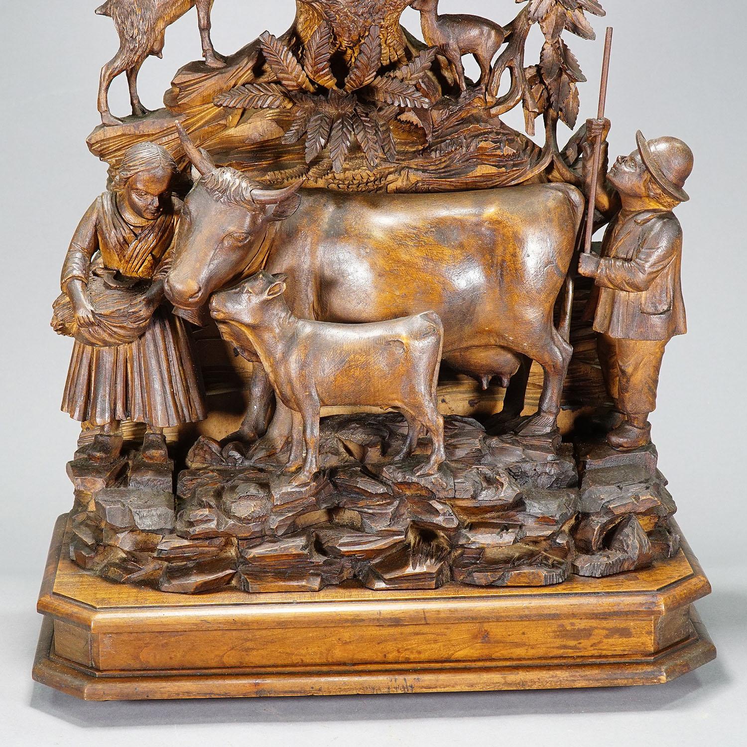 German Antique Mantel Clock with Herdsman Family, Goats and Cattle For Sale
