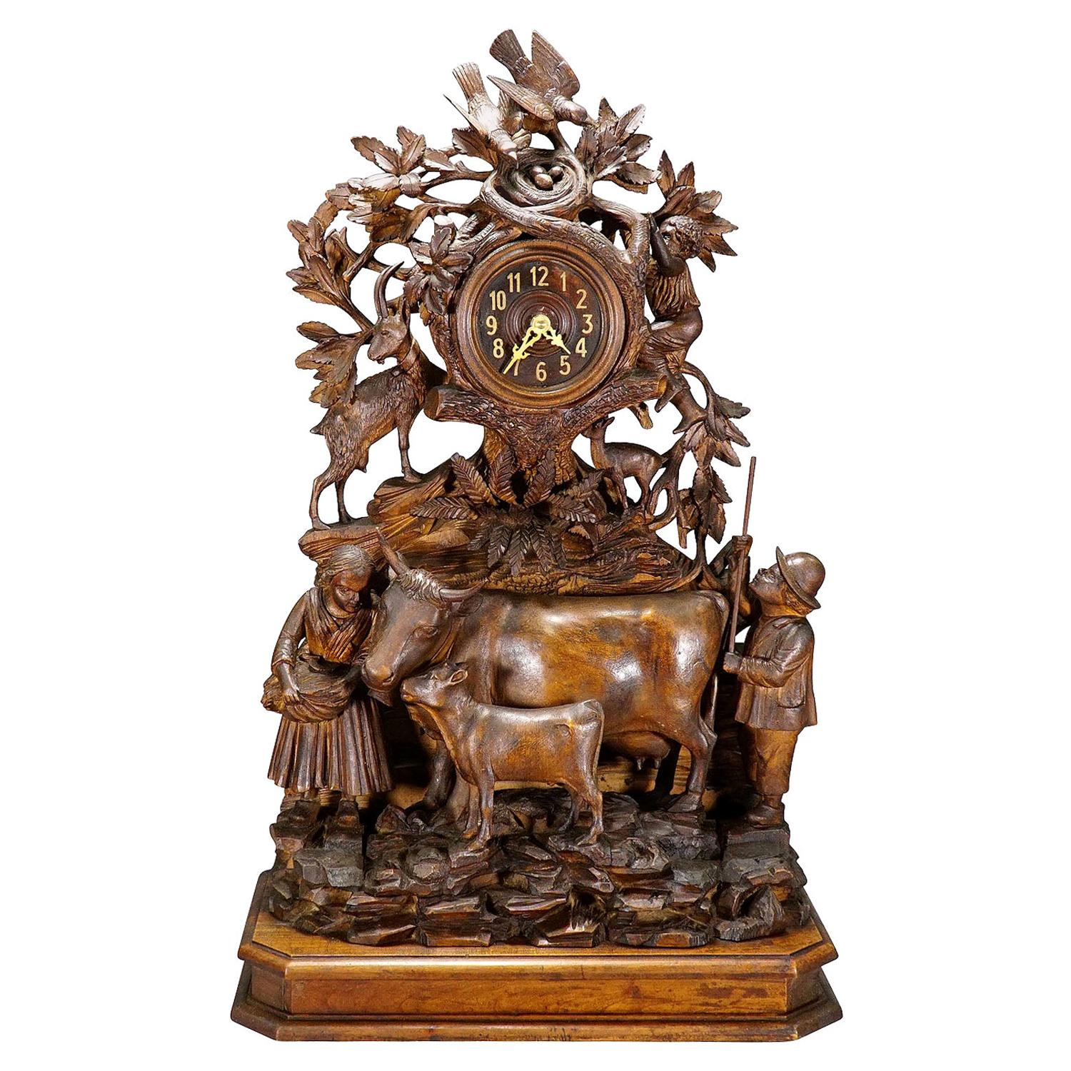 Antique Mantel Clock with Herdsman Family, Goats and Cows