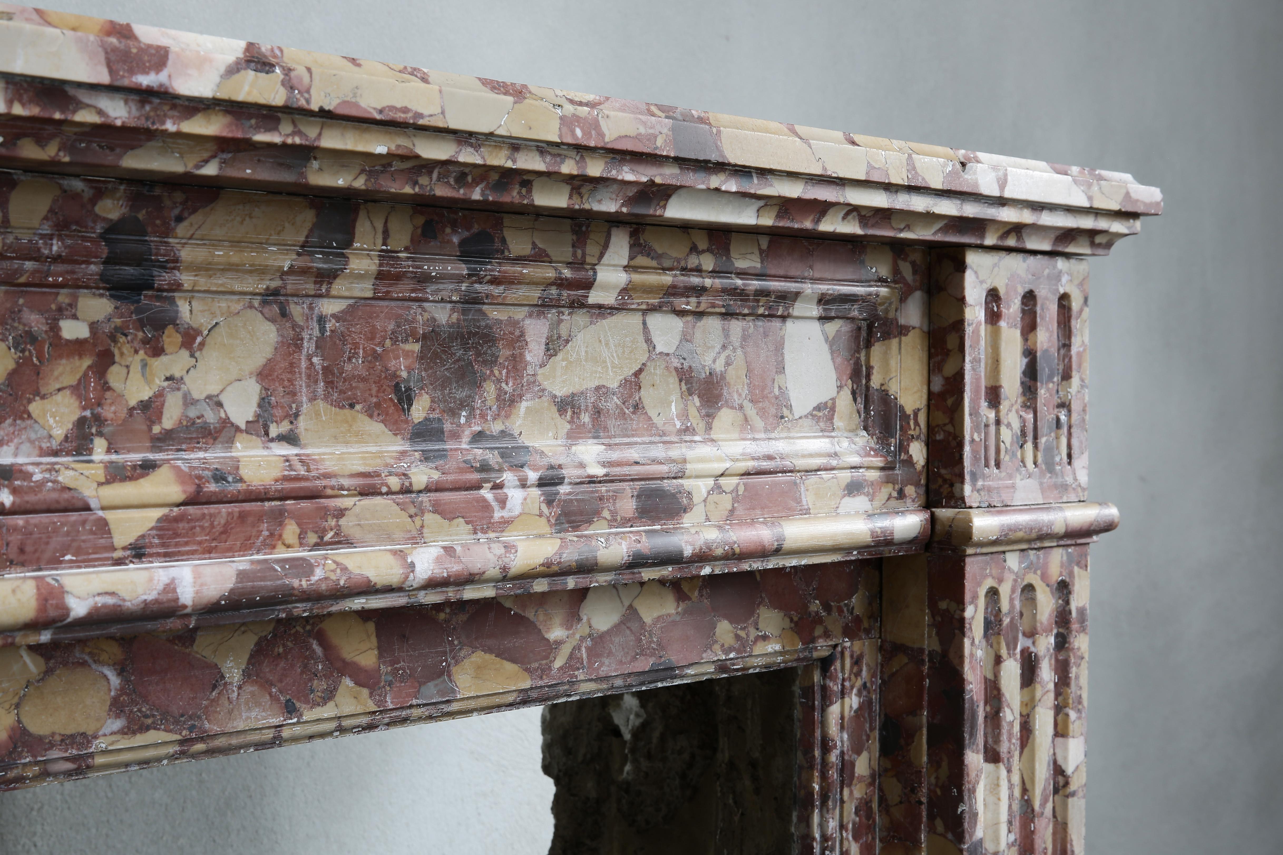 French Antique Mantel from Breche d'Alep Marble of France, Louis XVI Style For Sale