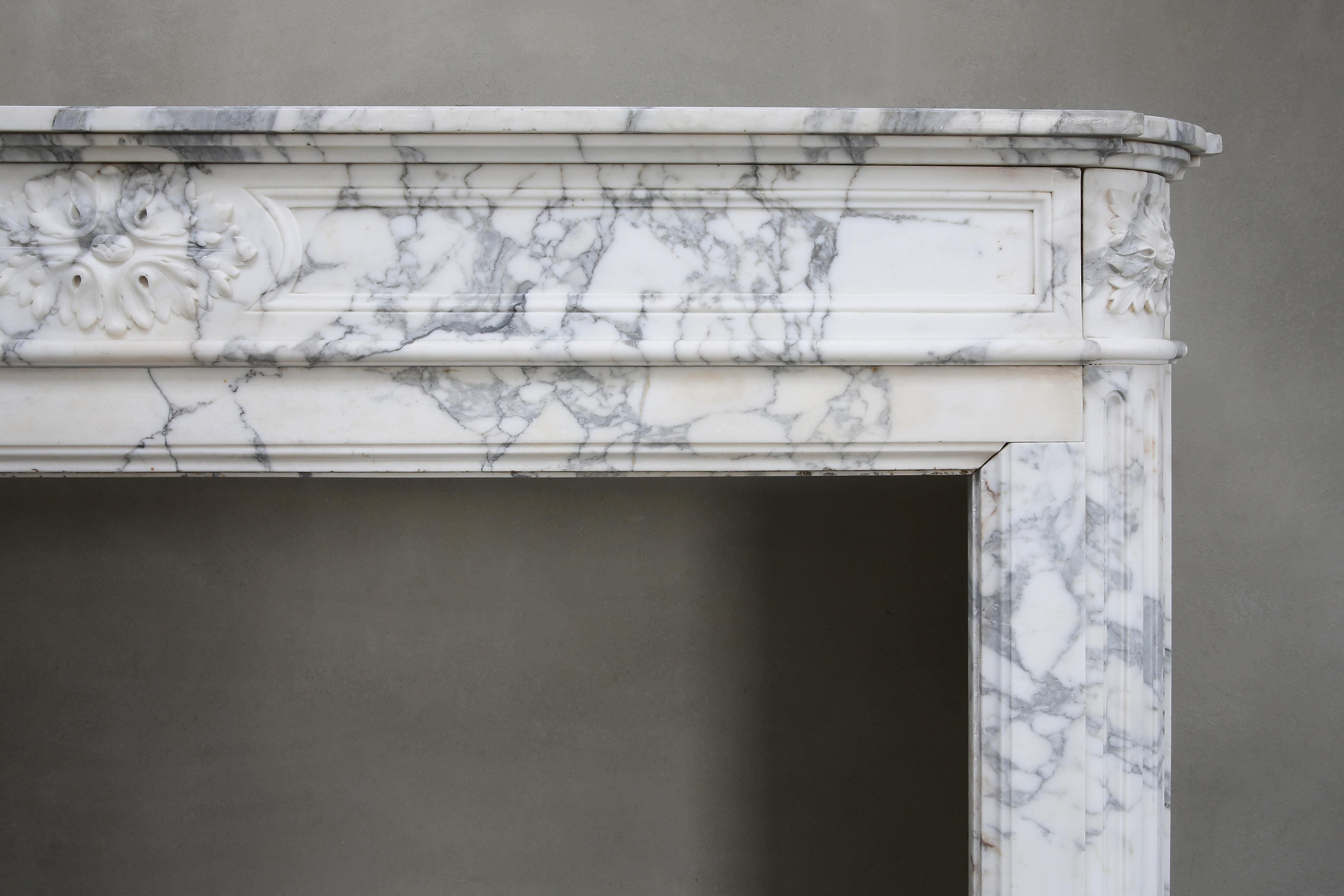 French Antique Mantel of Arabescato Marble from Italy in Style of Louis XVI