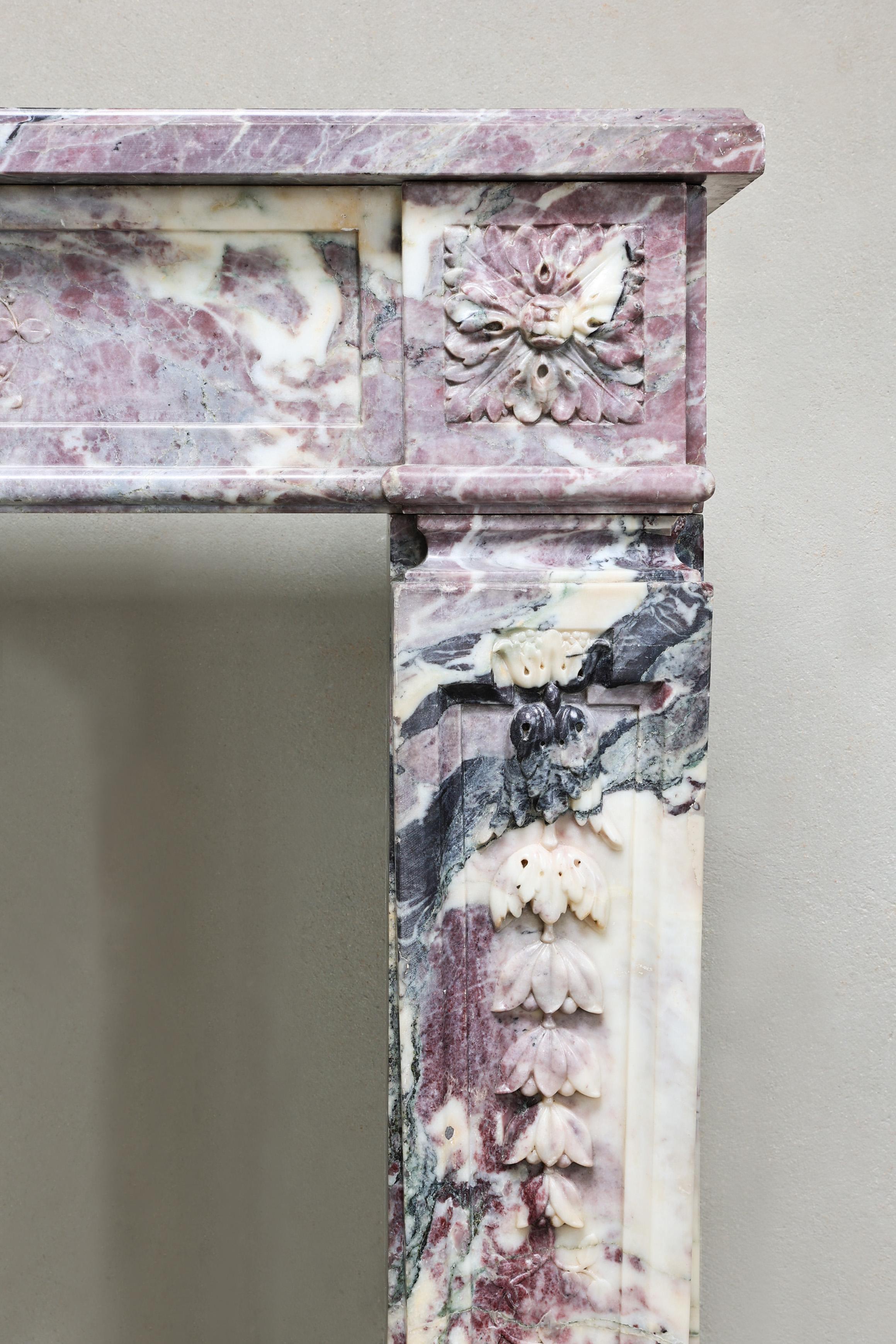 French Antique Fireplace Mantel in Fleur de Pecher Marble For Sale
