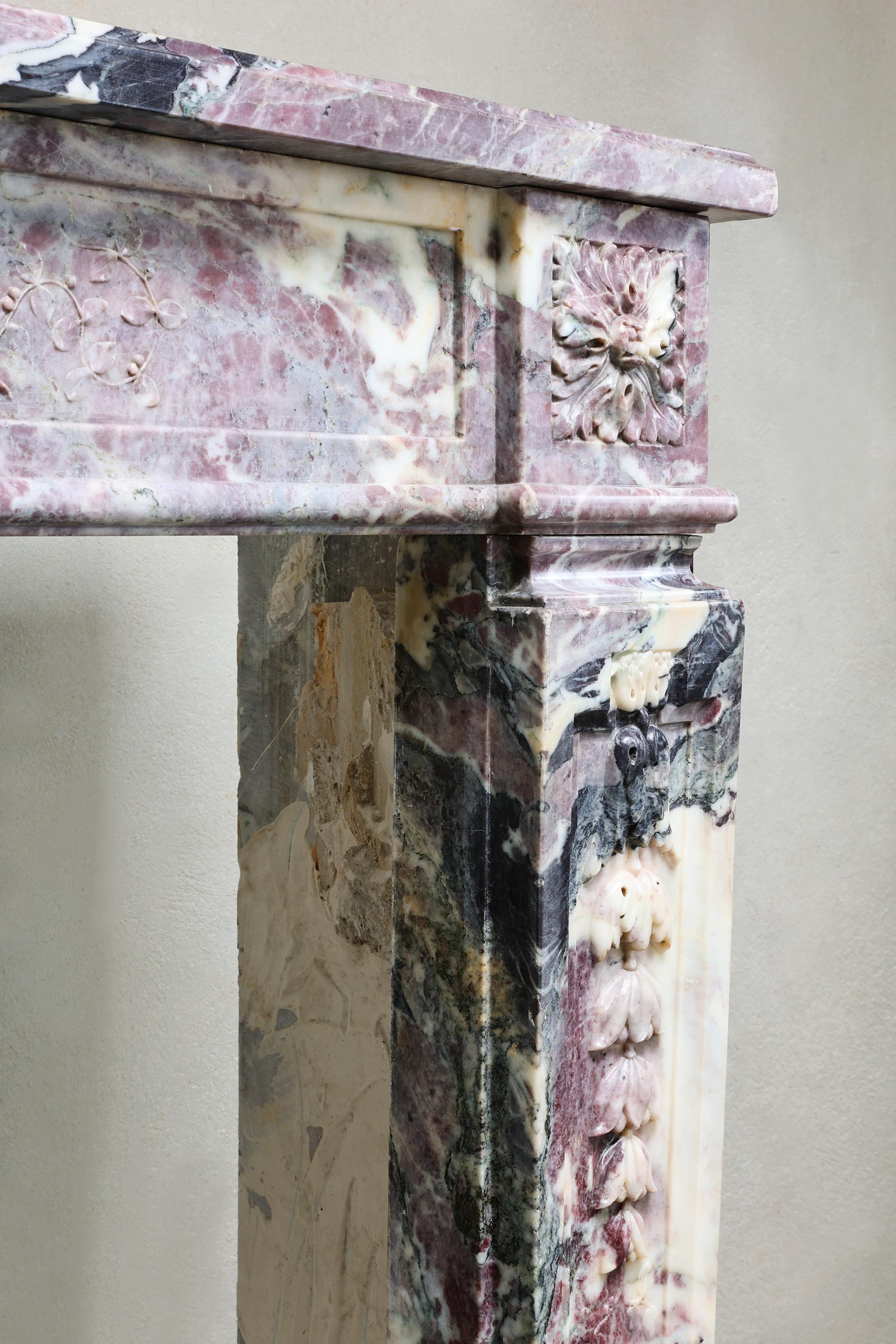 19th Century Antique Fireplace Mantel in Fleur de Pecher Marble For Sale