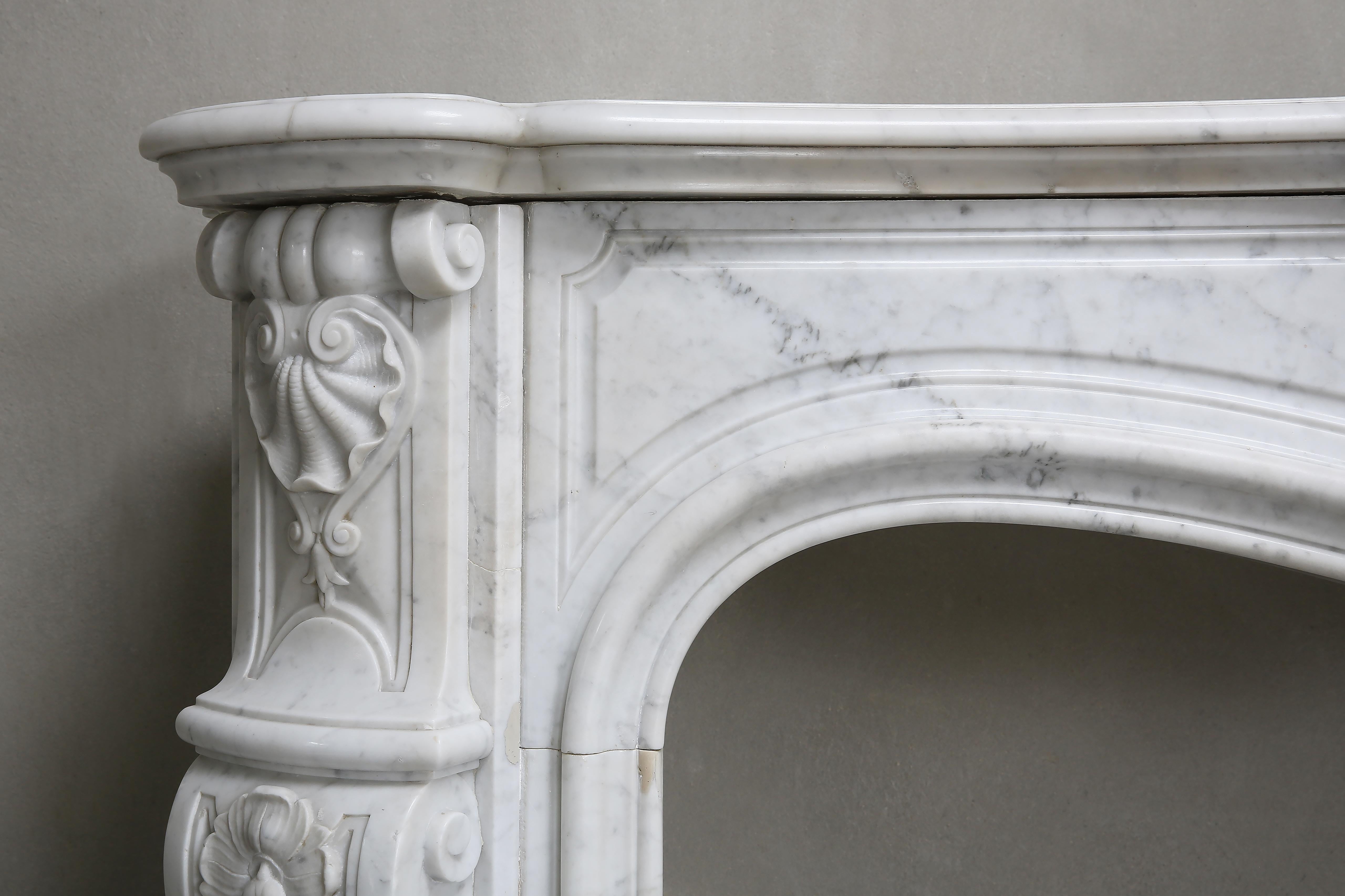 Carved 19th Century Louis XV Carrara Marble Fireplace