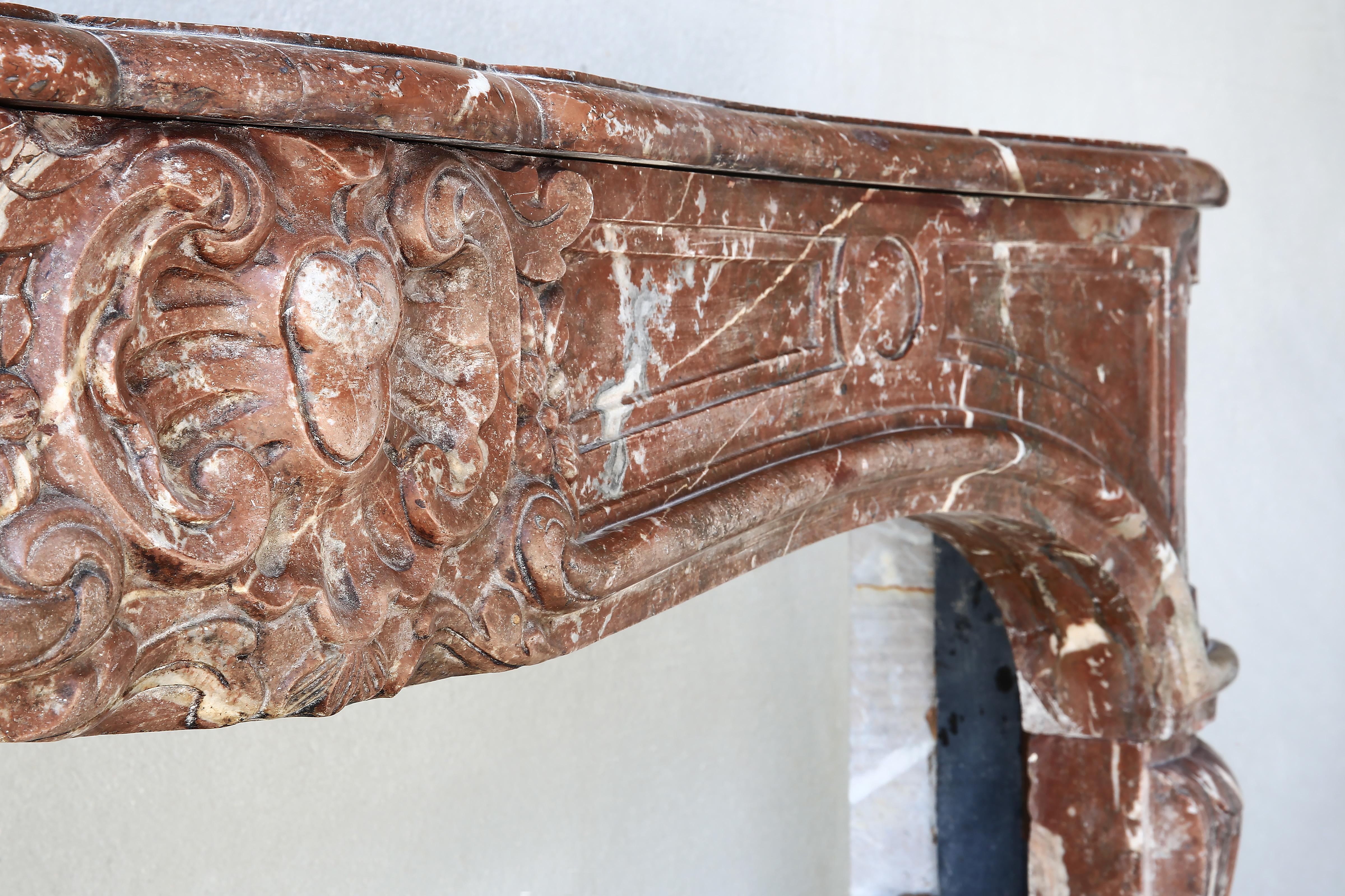 19th Century Antique Mantel Piece of Rouge Royal Marble in Style of Louis XV