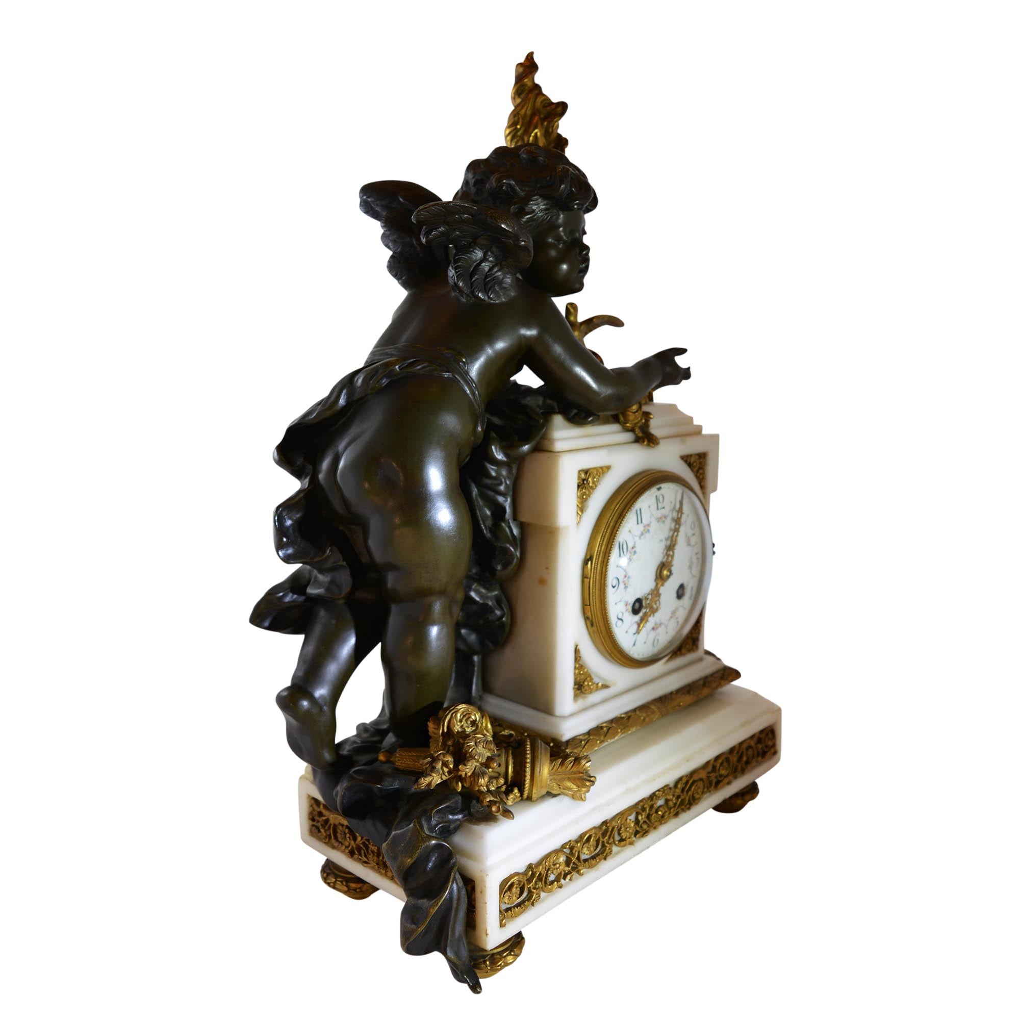 Antique Mantle Clock on Marble Base Bronze and Patina Bronze Louis XVI Style 4