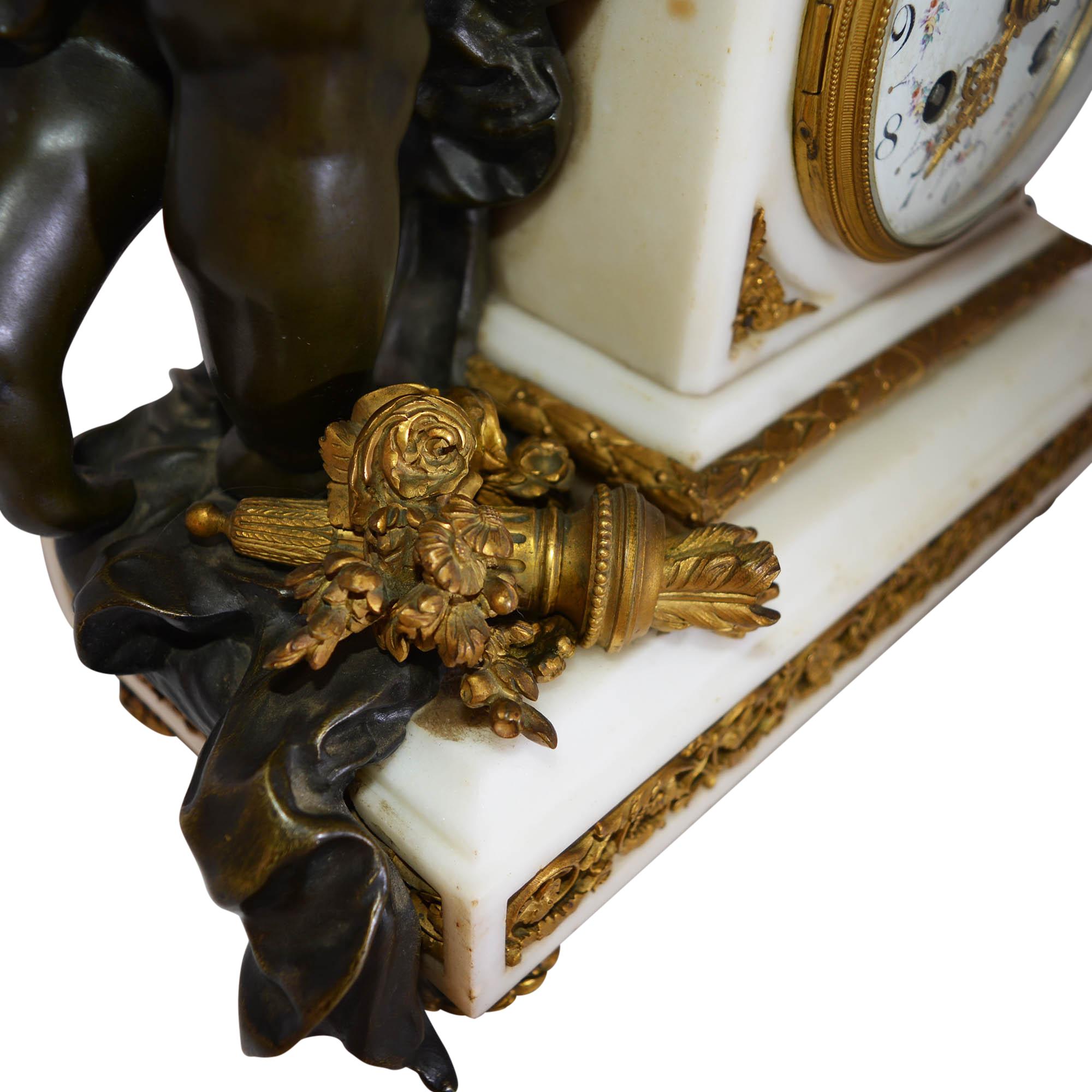 Antique Mantle Clock on Marble Base Bronze and Patina Bronze Louis XVI Style 5