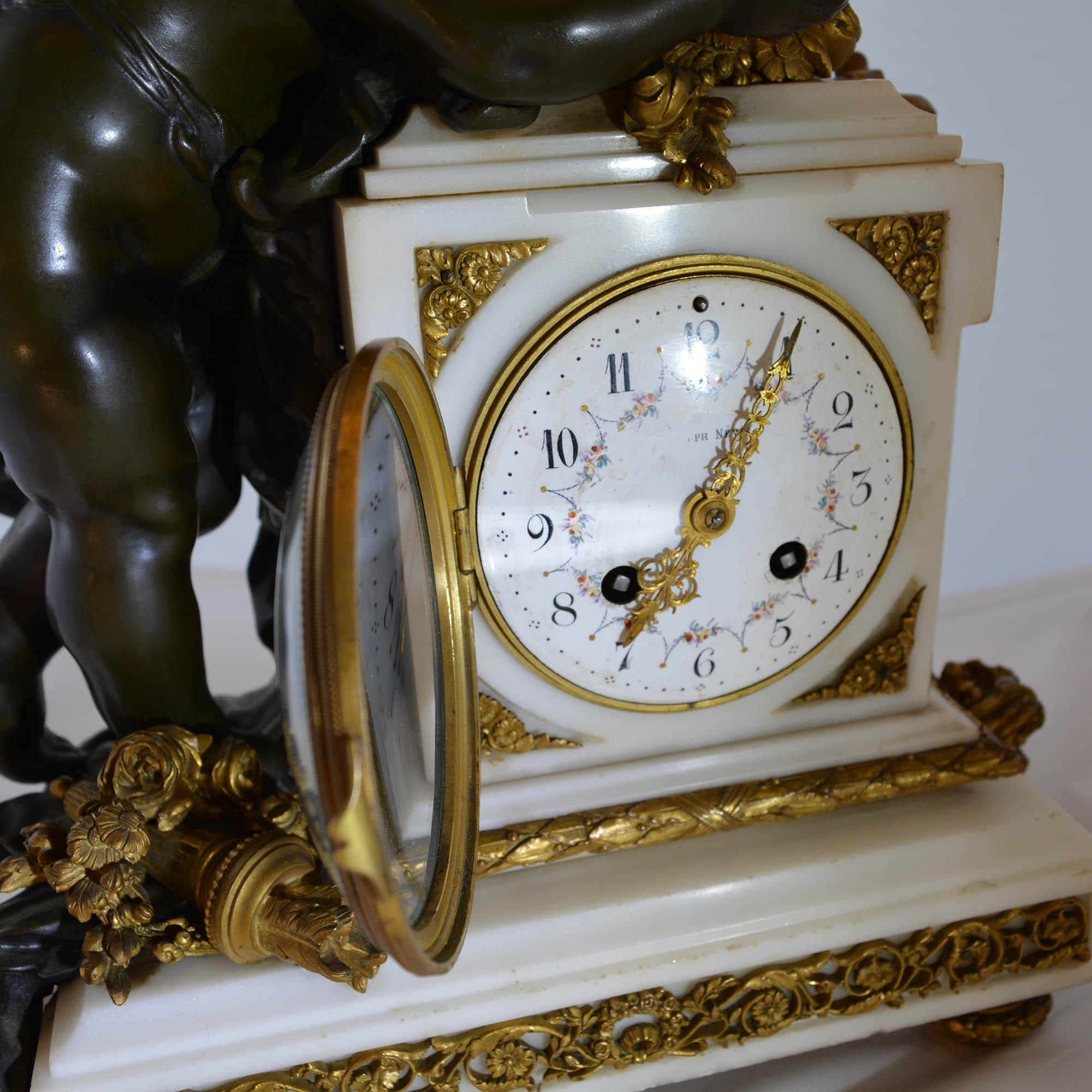 Antique Mantle Clock on Marble Base Bronze and Patina Bronze Louis XVI Style 6