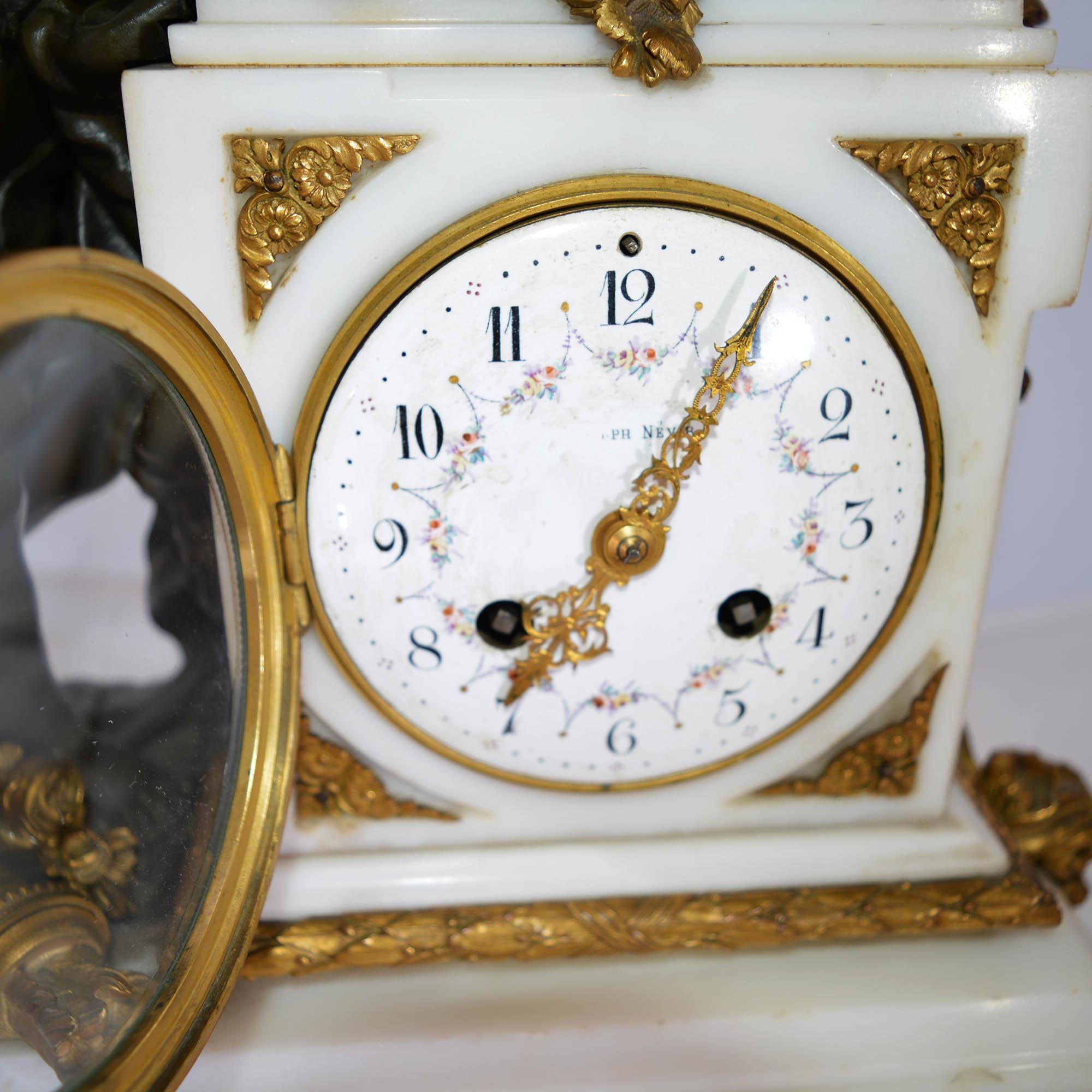 Antique Mantle Clock on Marble Base Bronze and Patina Bronze Louis XVI Style 7