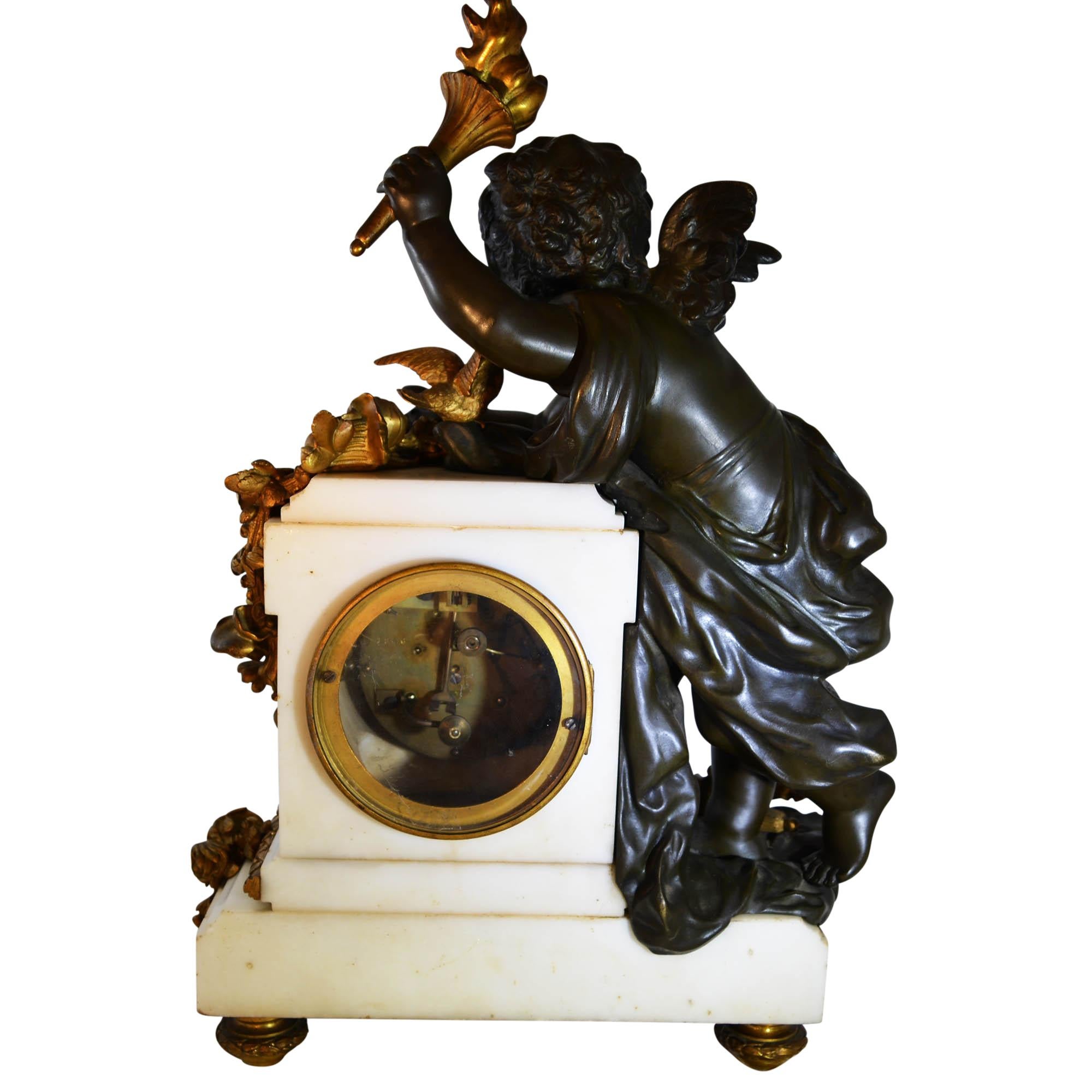 Antique Mantle Clock on Marble Base Bronze and Patina Bronze Louis XVI Style 1
