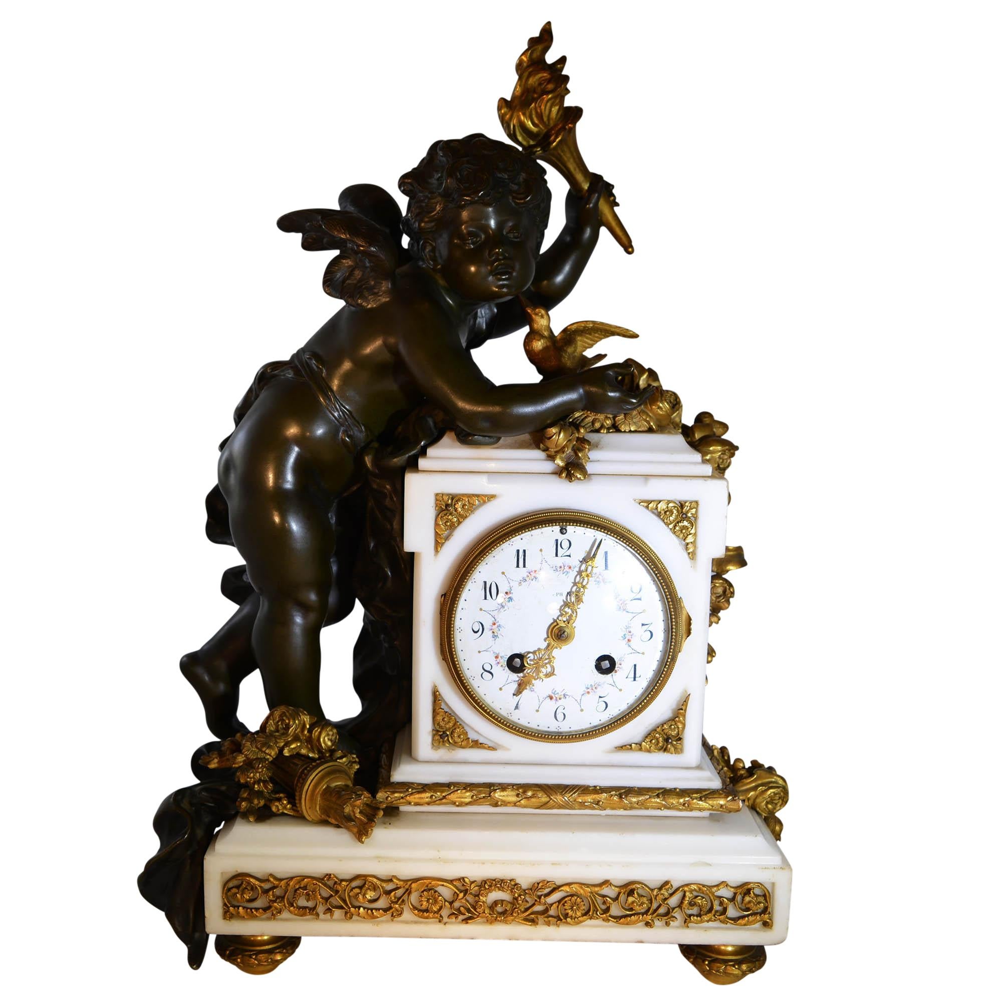 Antique Mantle Clock on Marble Base Bronze and Patina Bronze Louis XVI Style