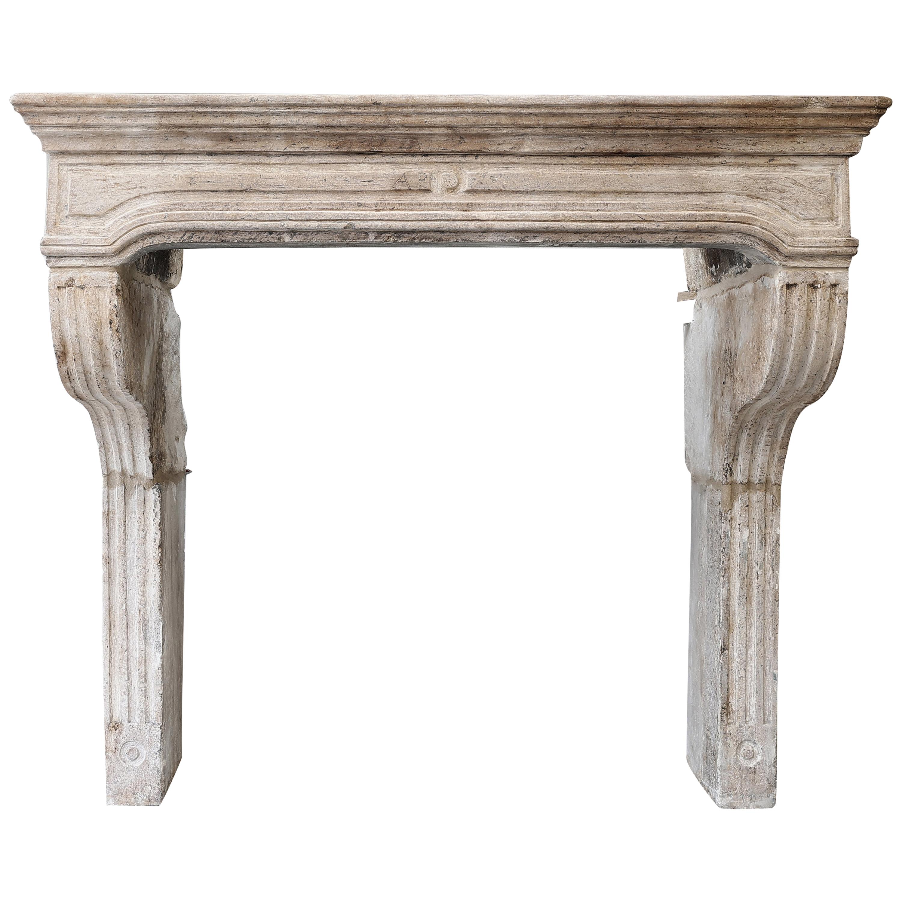 Antique Mantle of French Limestone in Campagnarde Style from the 19th Century