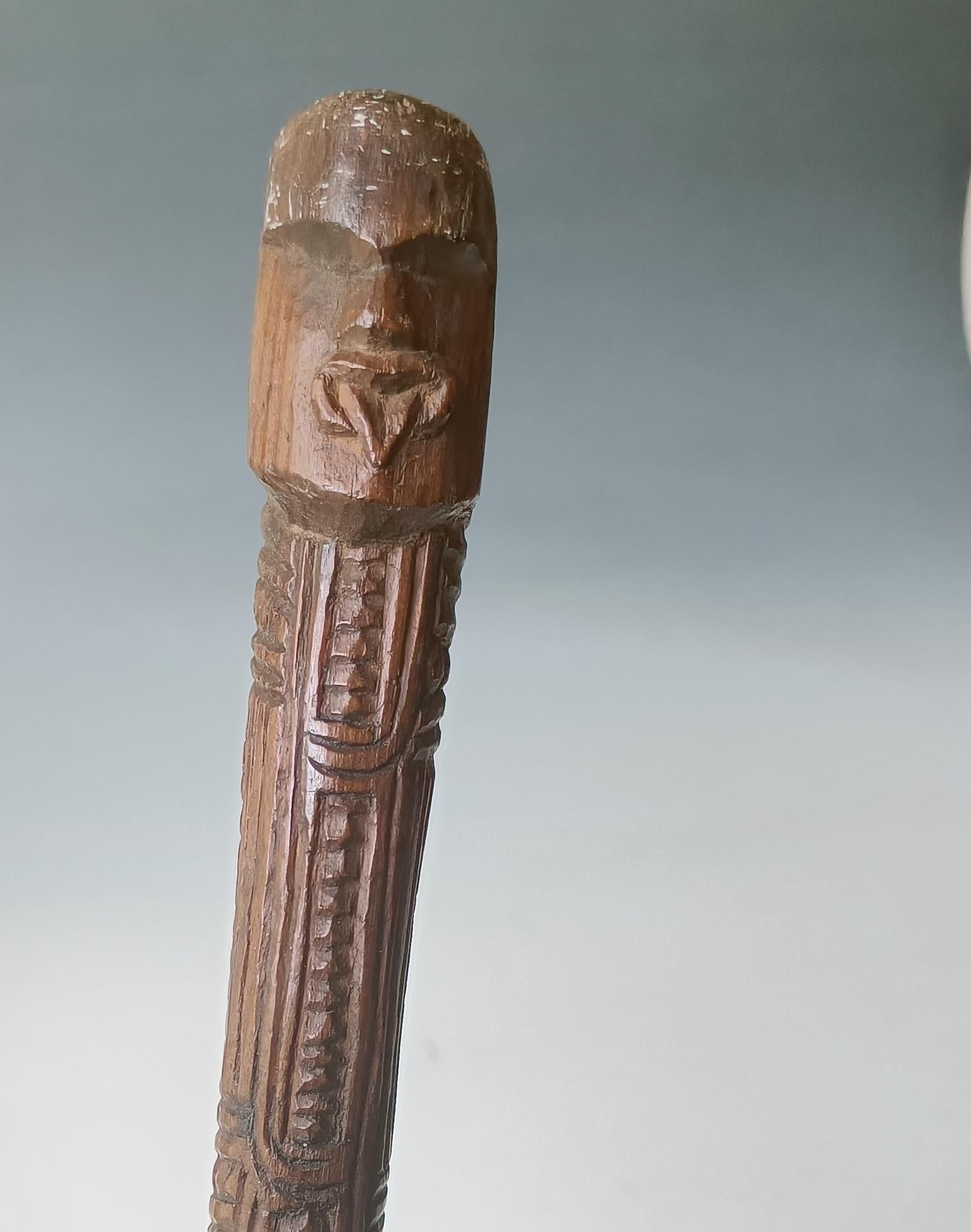Antique Maori hard wood stick staff Tiki design Oceanic Polynesian

A Finely carved antique Maori hard wood stick  

A  Maori hard wood staff or walking stick with Tiki design on the handle and body and finely carved all over with Maori geometric