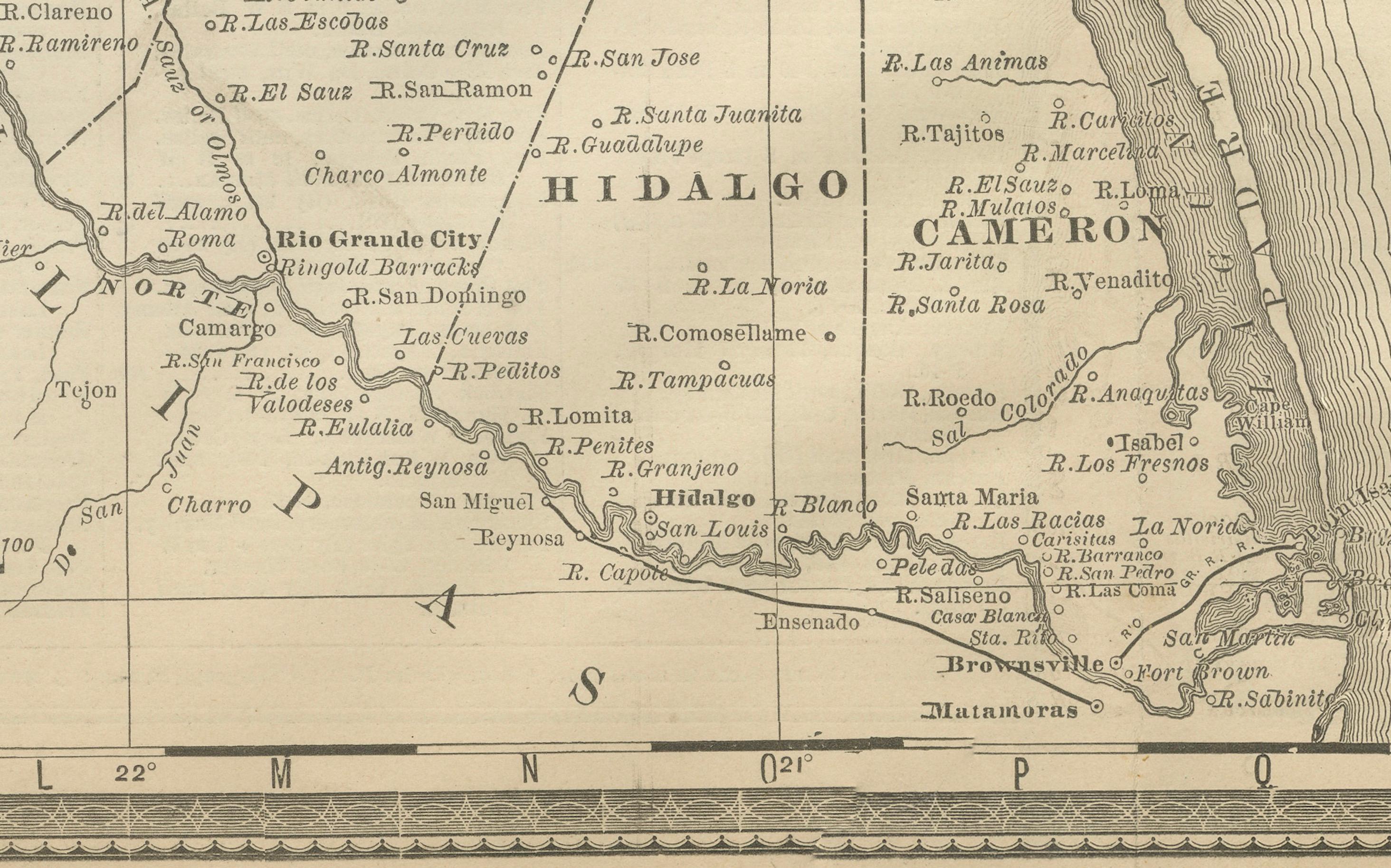 Americano Mappa antica 1888 - Ferrovie, contee e insediamenti del Texas meridionale in vendita