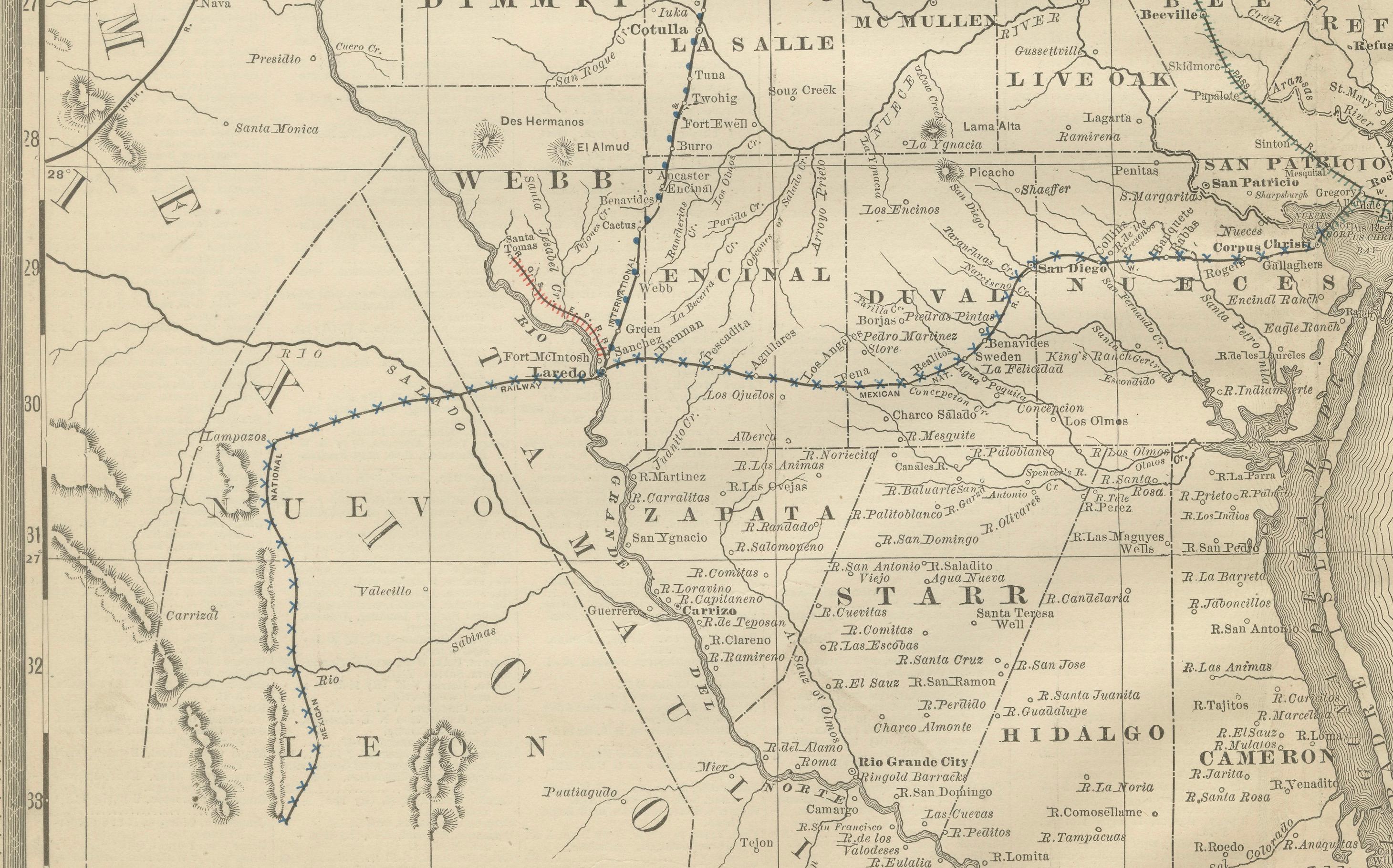 Inciso Mappa antica 1888 - Ferrovie, contee e insediamenti del Texas meridionale in vendita