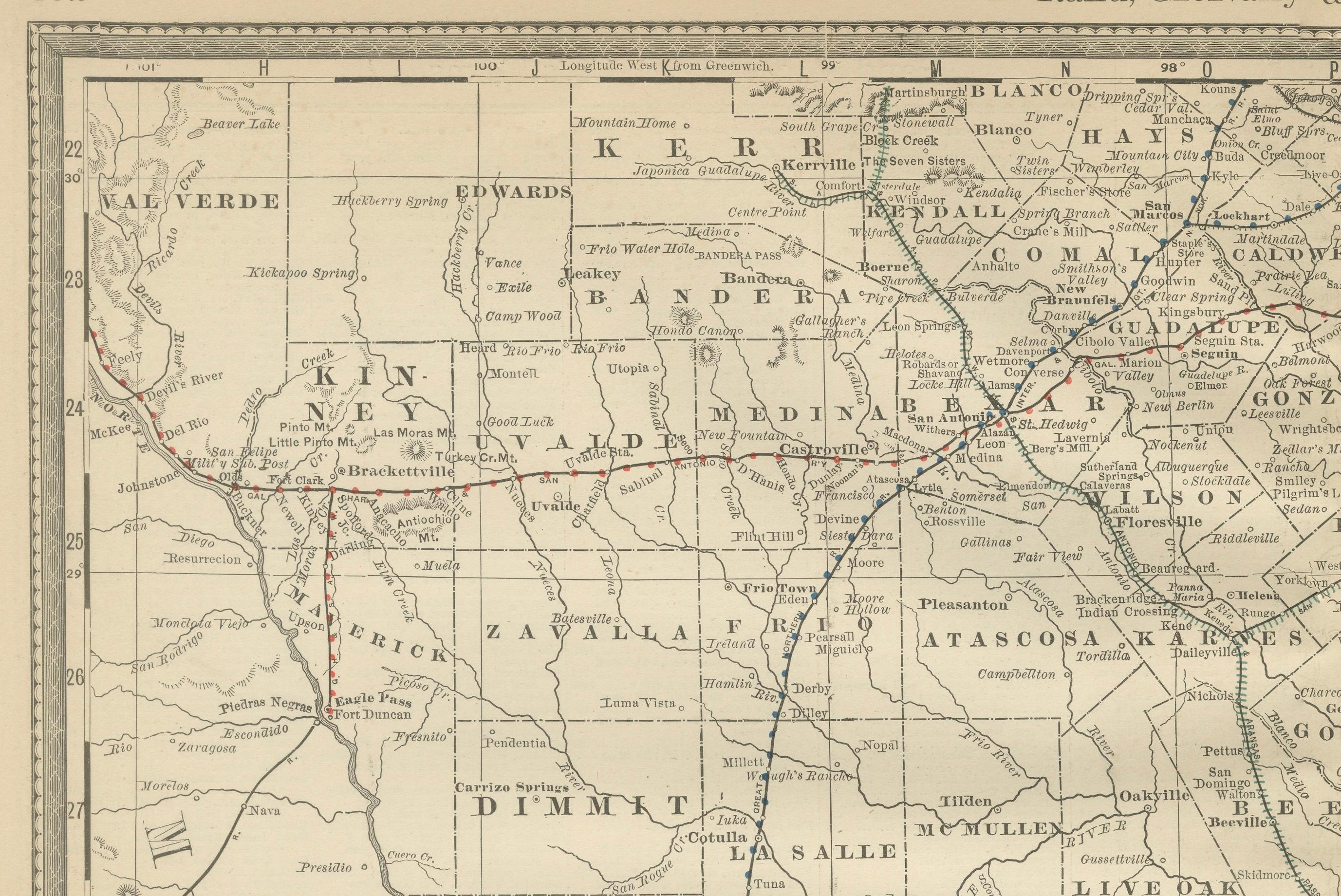 Mappa antica 1888 - Ferrovie, contee e insediamenti del Texas meridionale In condizioni buone in vendita a Langweer, NL