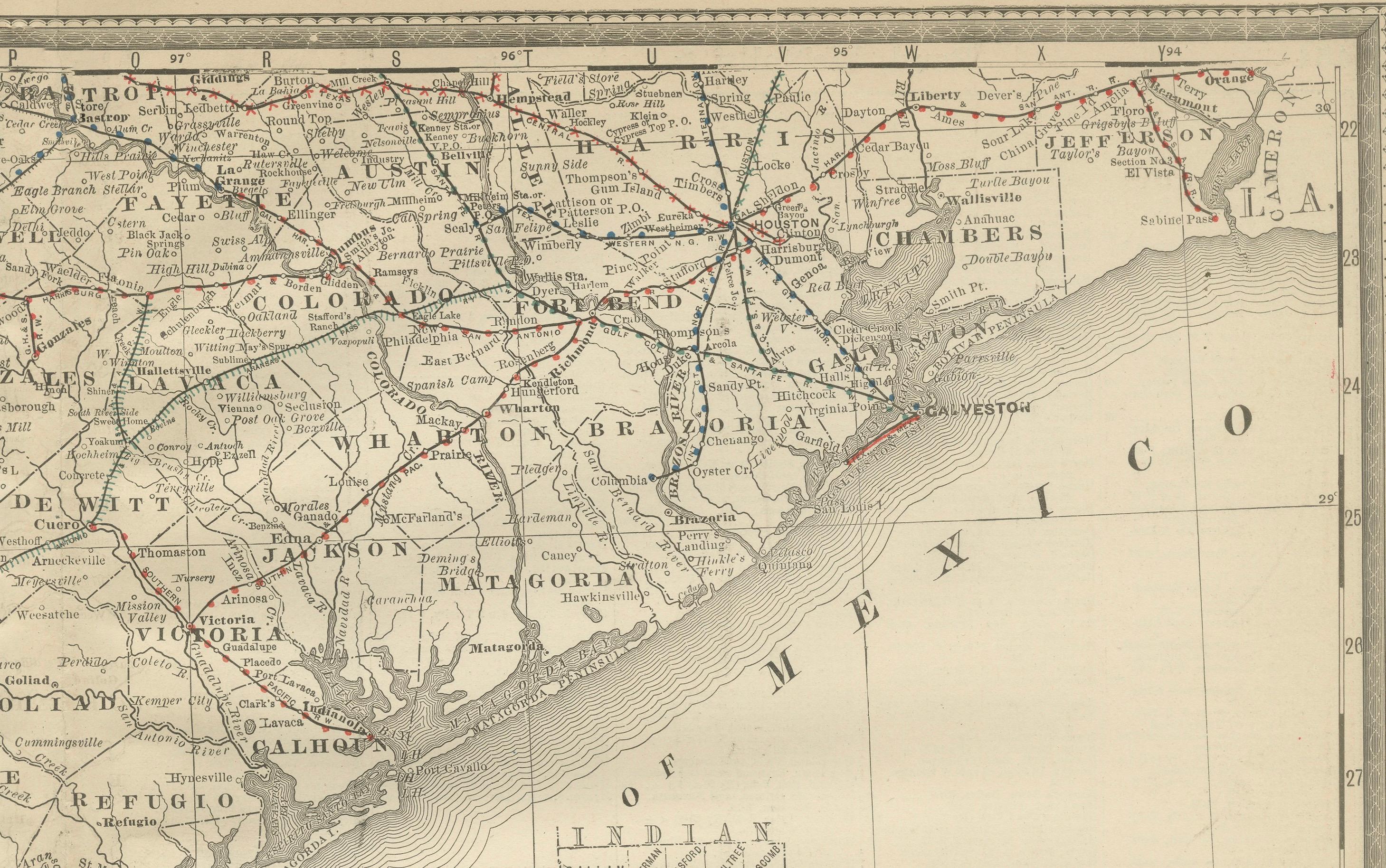 XIX secolo Mappa antica 1888 - Ferrovie, contee e insediamenti del Texas meridionale in vendita