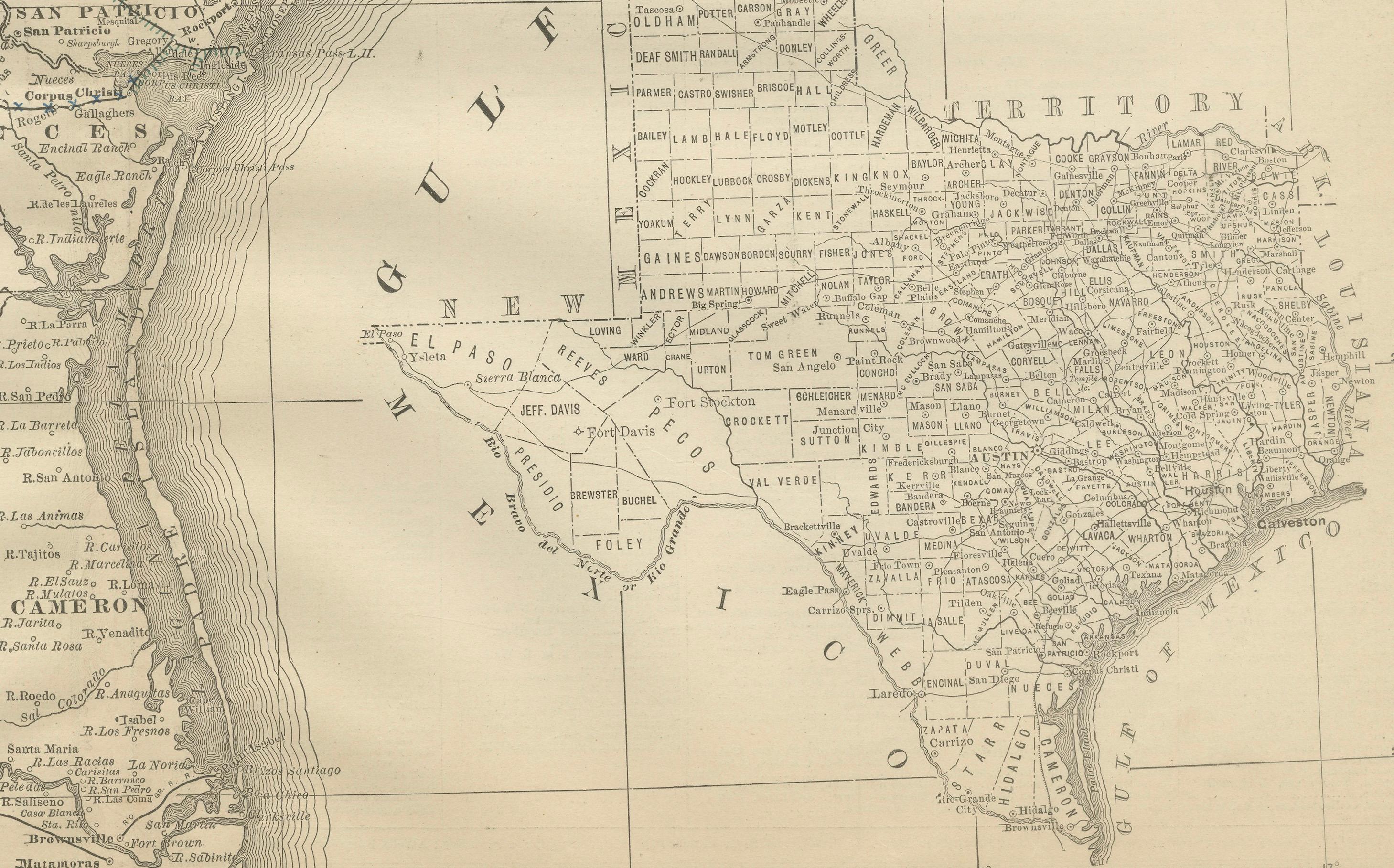 Carta Mappa antica 1888 - Ferrovie, contee e insediamenti del Texas meridionale in vendita