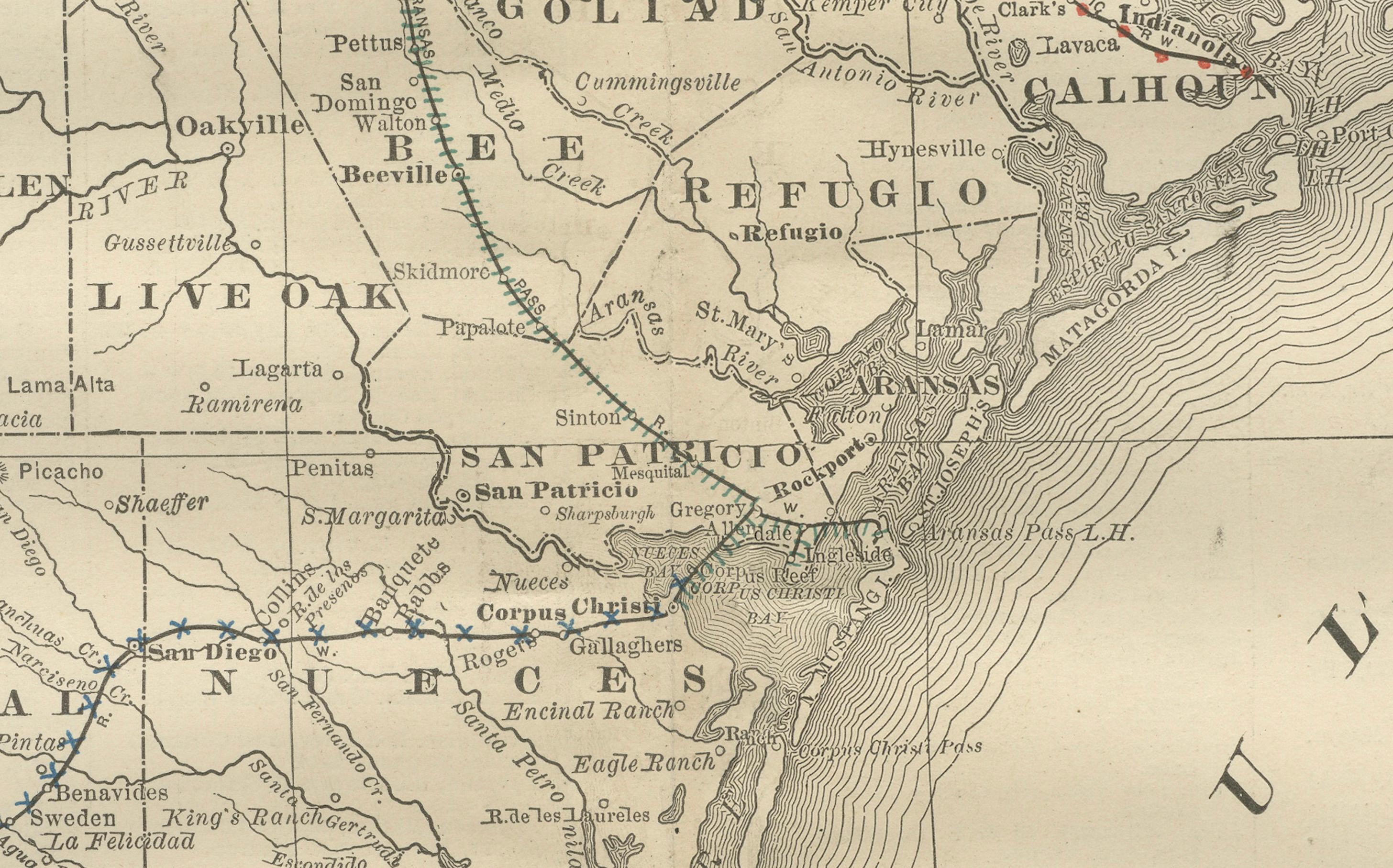 Mappa antica 1888 - Ferrovie, contee e insediamenti del Texas meridionale in vendita 2