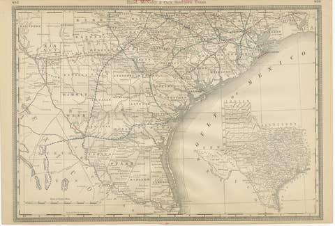 Antique Map 1888 – Southern Texas Railroads, Counties & Settlements