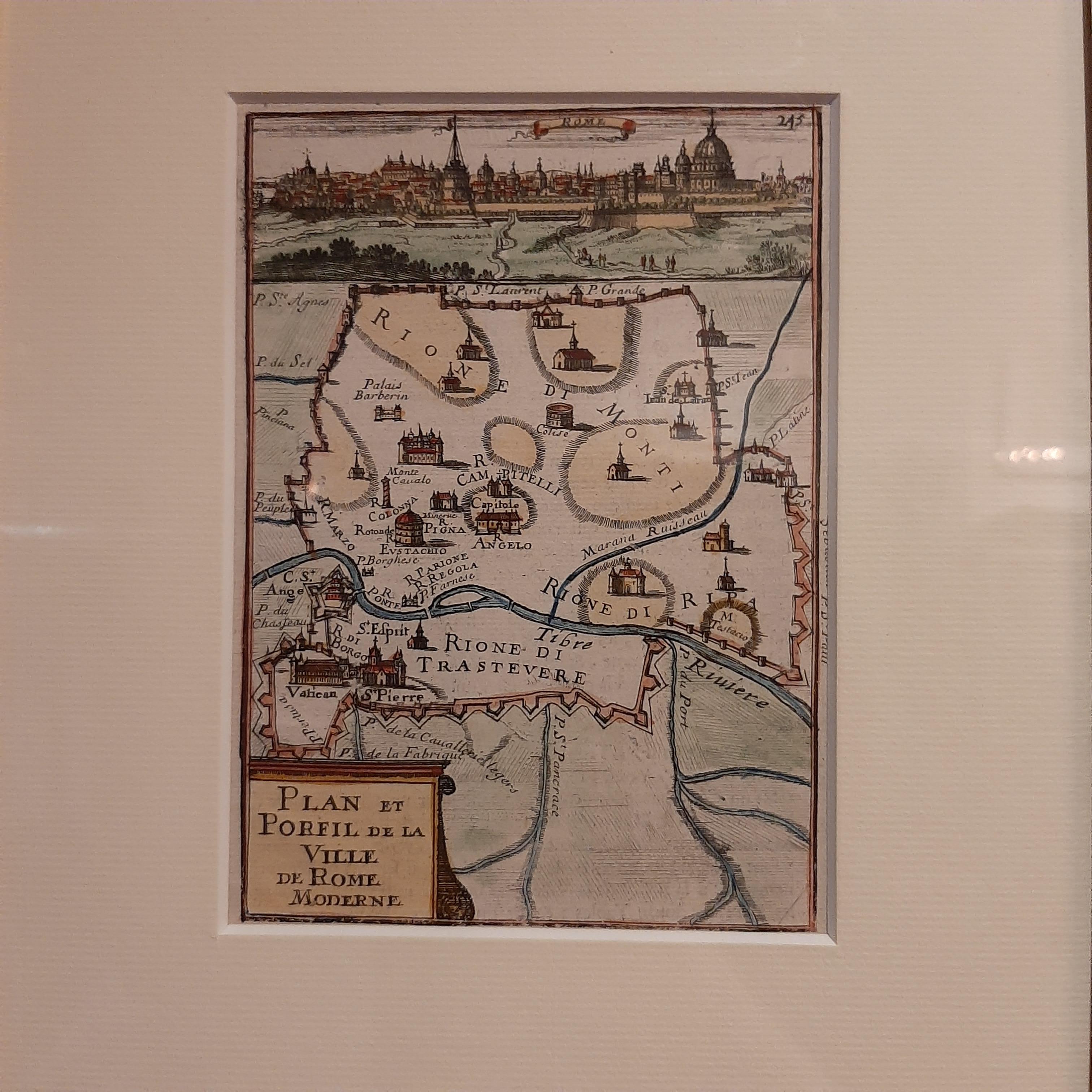 Antique map titled 'Plan et Porfil de la Ville de Rome Moderne'. Map and view of the city of Rome, Italy. This map originates from 'Description de l'Univers' by A.M. Mallet. Published circa 1683. 

Frame included. We carefully pack our framed