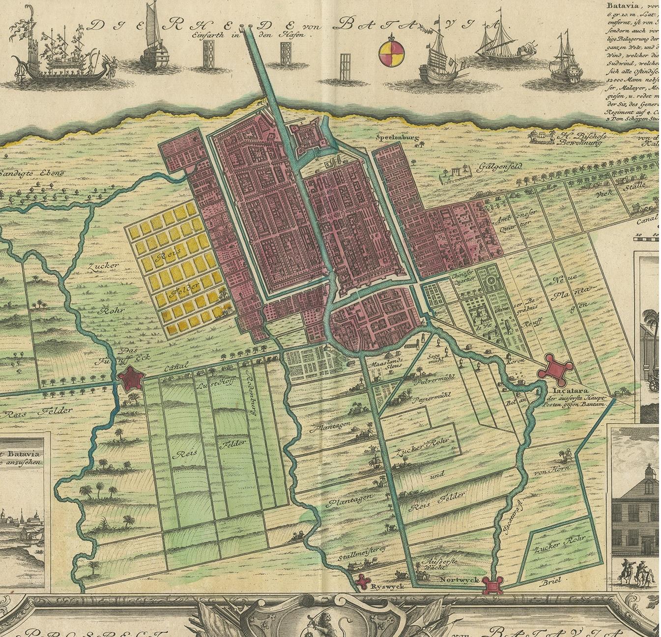 Carte et vues anciennes de Batavia par Homann Heirs, 1733 Bon état - En vente à Langweer, NL