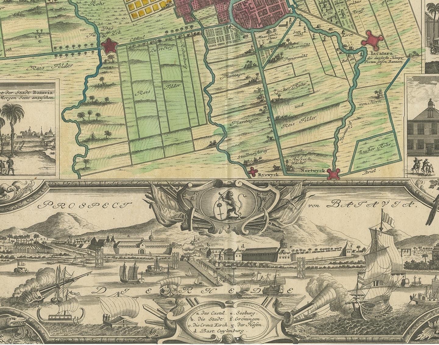 XVIIIe siècle Carte et vues anciennes de Batavia par Homann Heirs, 1733 en vente