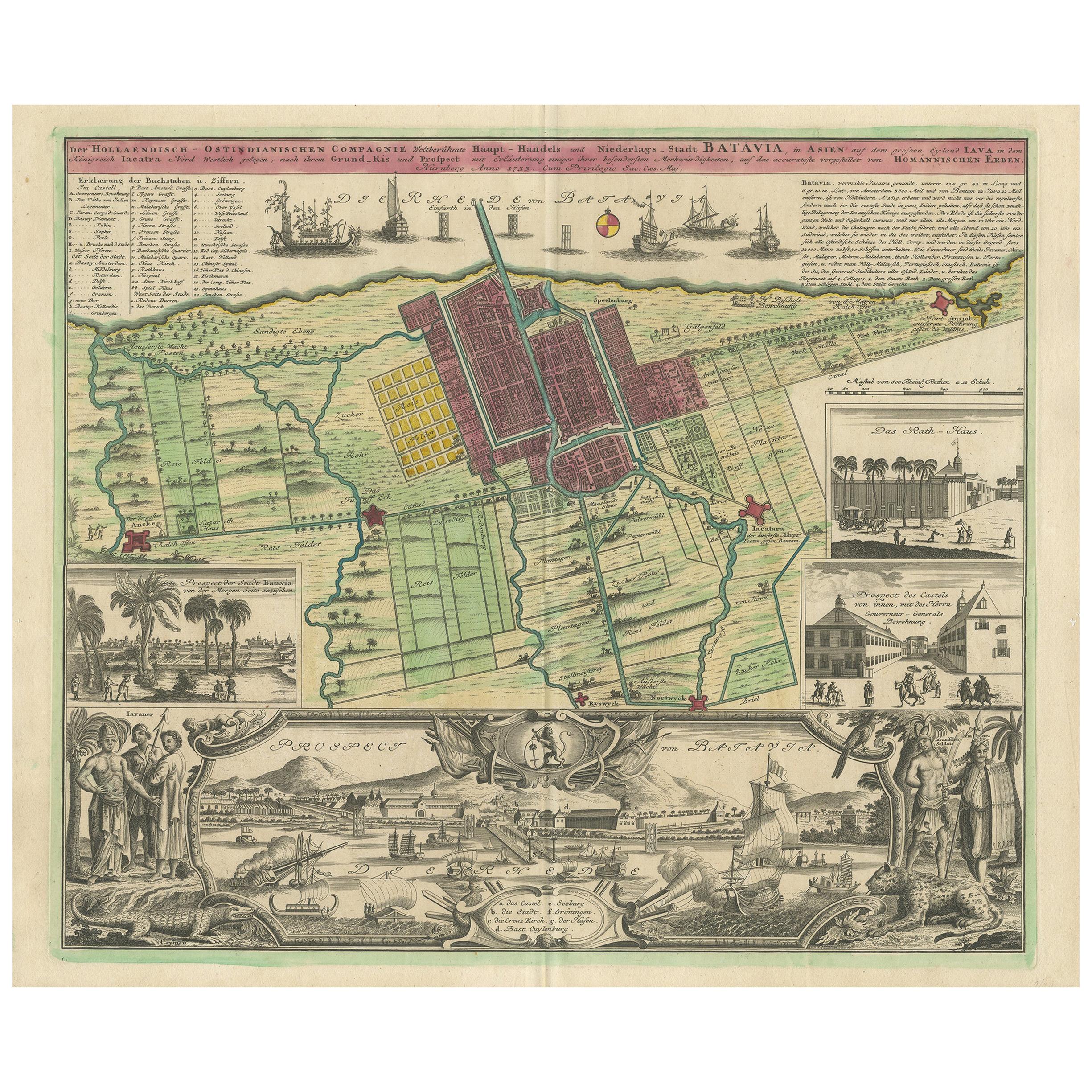 Carte et vues anciennes de Batavia par Homann Heirs, 1733 en vente