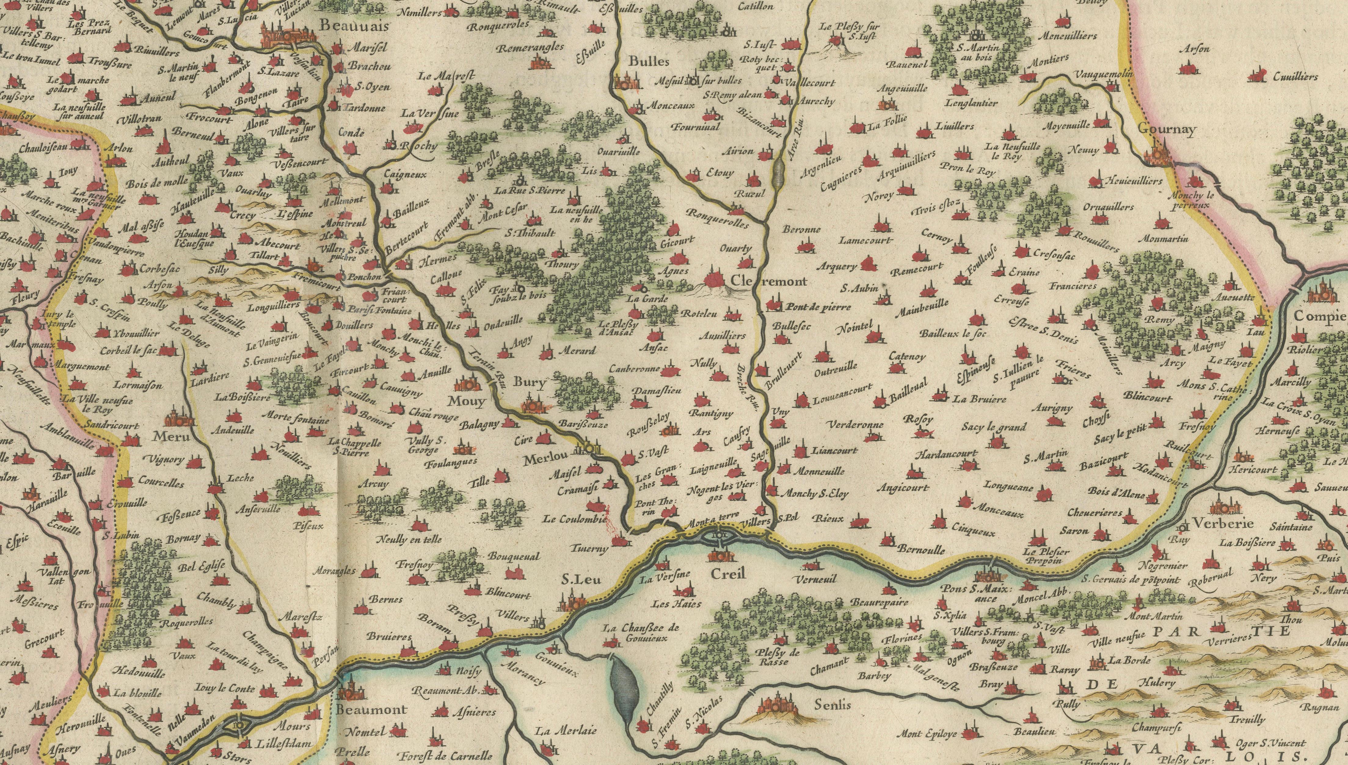 Antique Map Beauvais, Picardy France – Blaeu Hand Colored c.1642