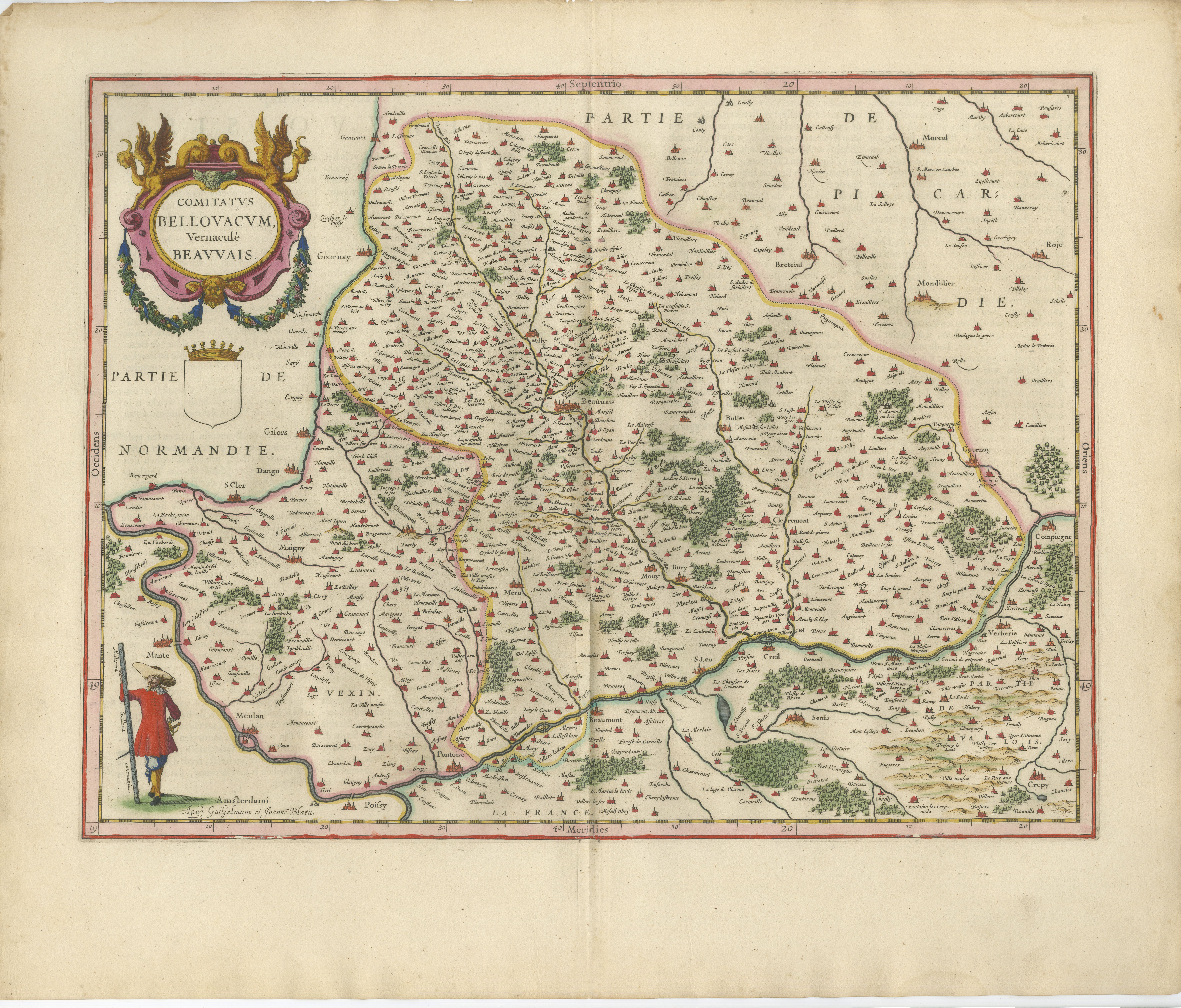 Antique Map Beauvais, Picardy France – Blaeu Hand Colored c.1642