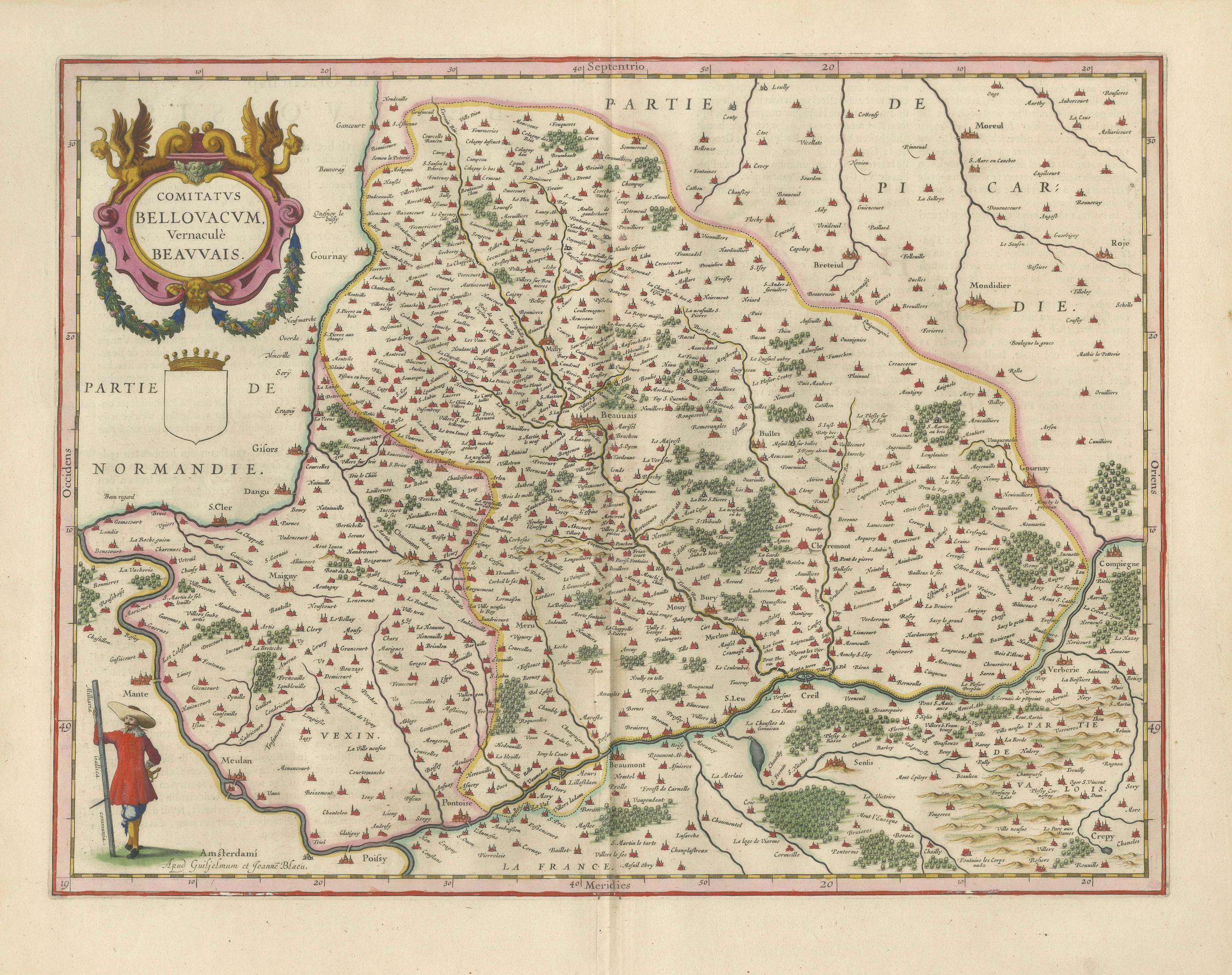 Antique Map Beauvais, Picardy France – Blaeu Hand Colored c.1642