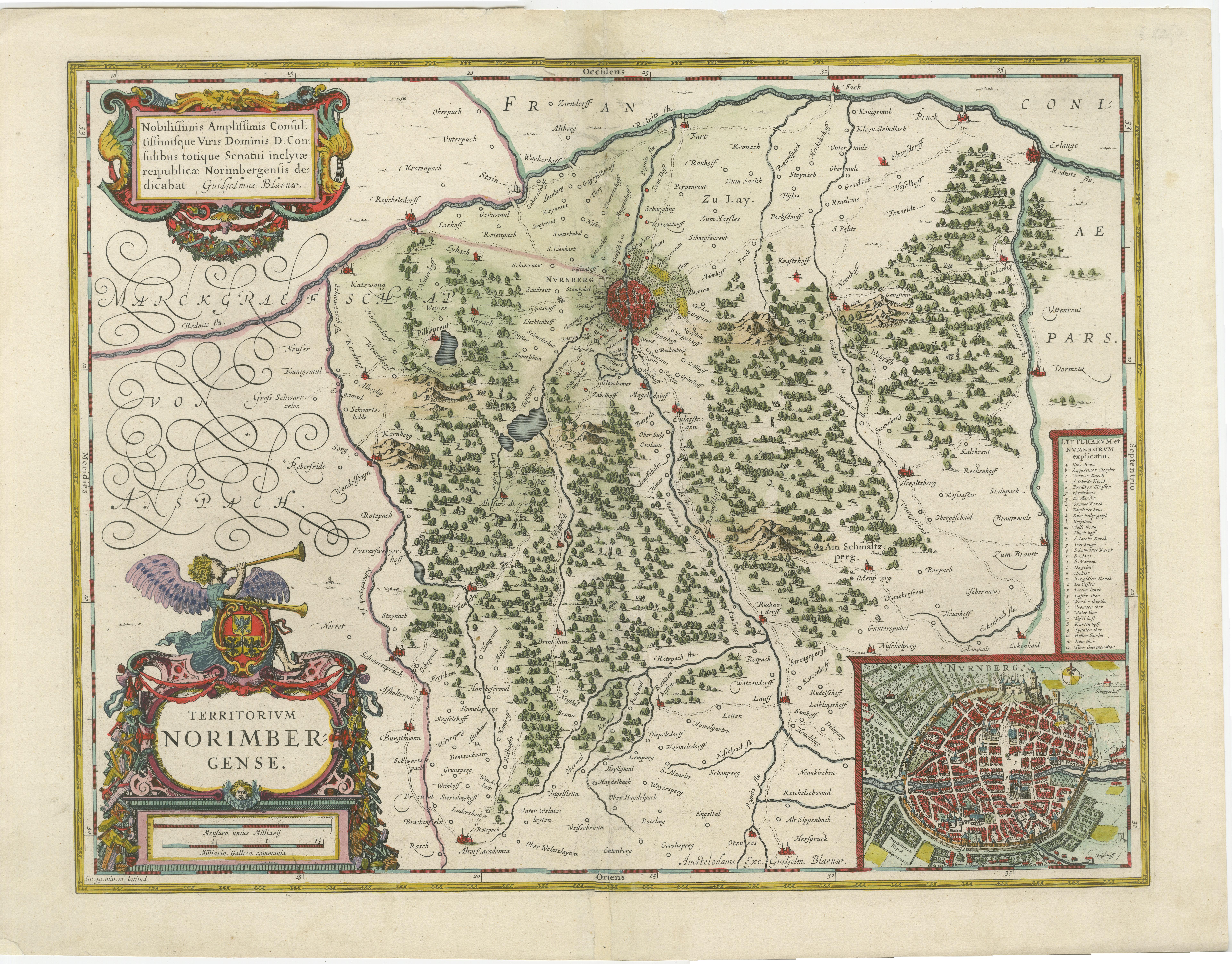 Antique map titled 'Territorium Norimbergense'. Beautiful map centered on Nuremberg, Germany. With decorative title cartouche and inset plan of the city. Published by W. Blaeu, circa 1635. 

Willem Janszoon Blaeu (1571-1638) was a prominent Dutch